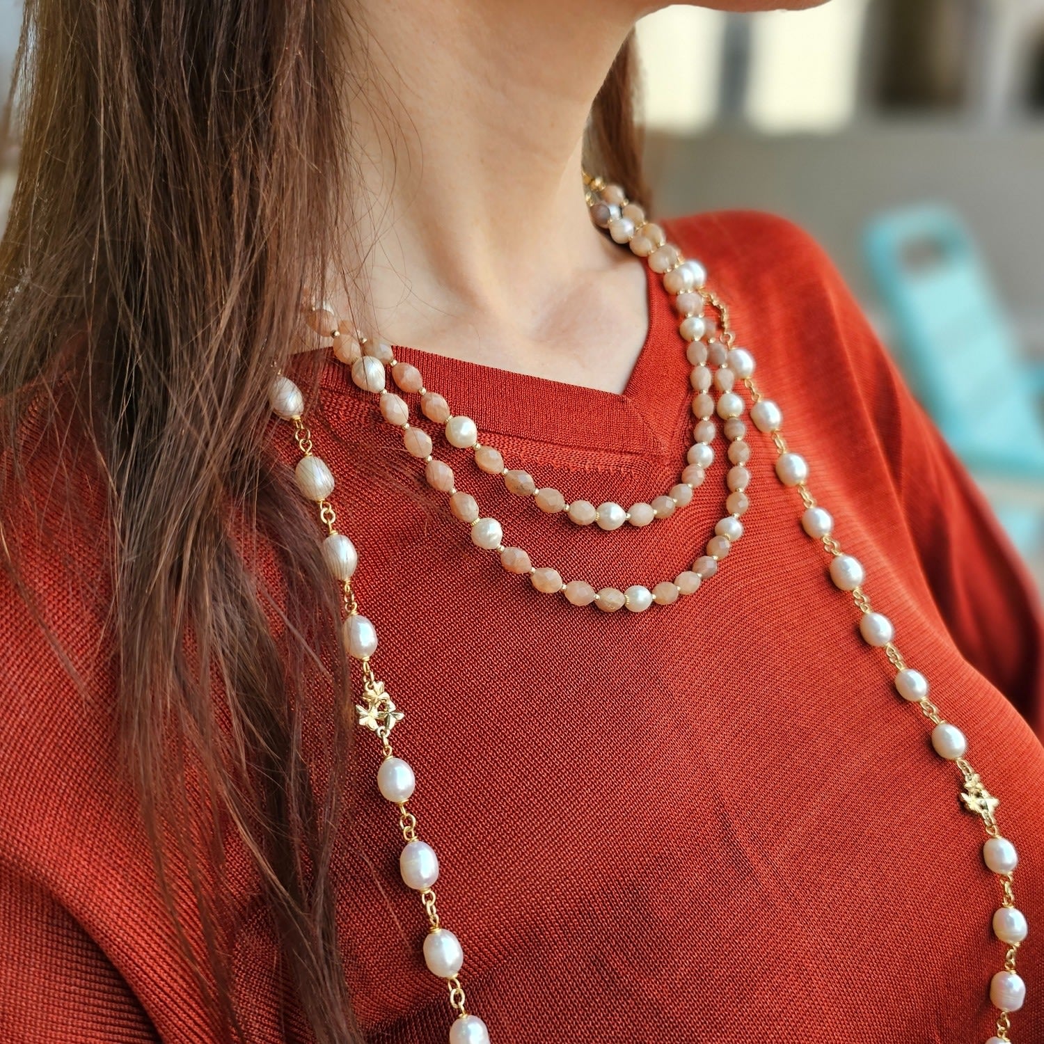 Double Layers Orange Moonstone With Freshwater Pearls Necklace