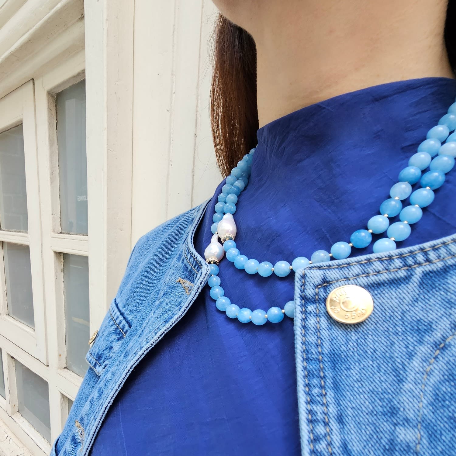 Double Layers Round Aquamarine With Baroque Pearls Necklace