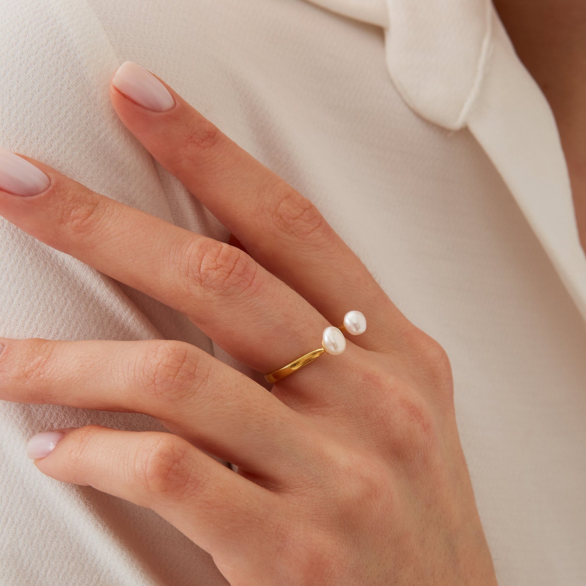 Double Pearl Sterling Silver Adjustable Open Ring - Gold