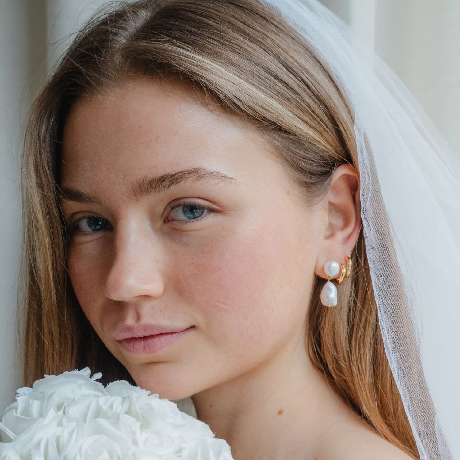 Double Pearl Dangle Stud Earrings