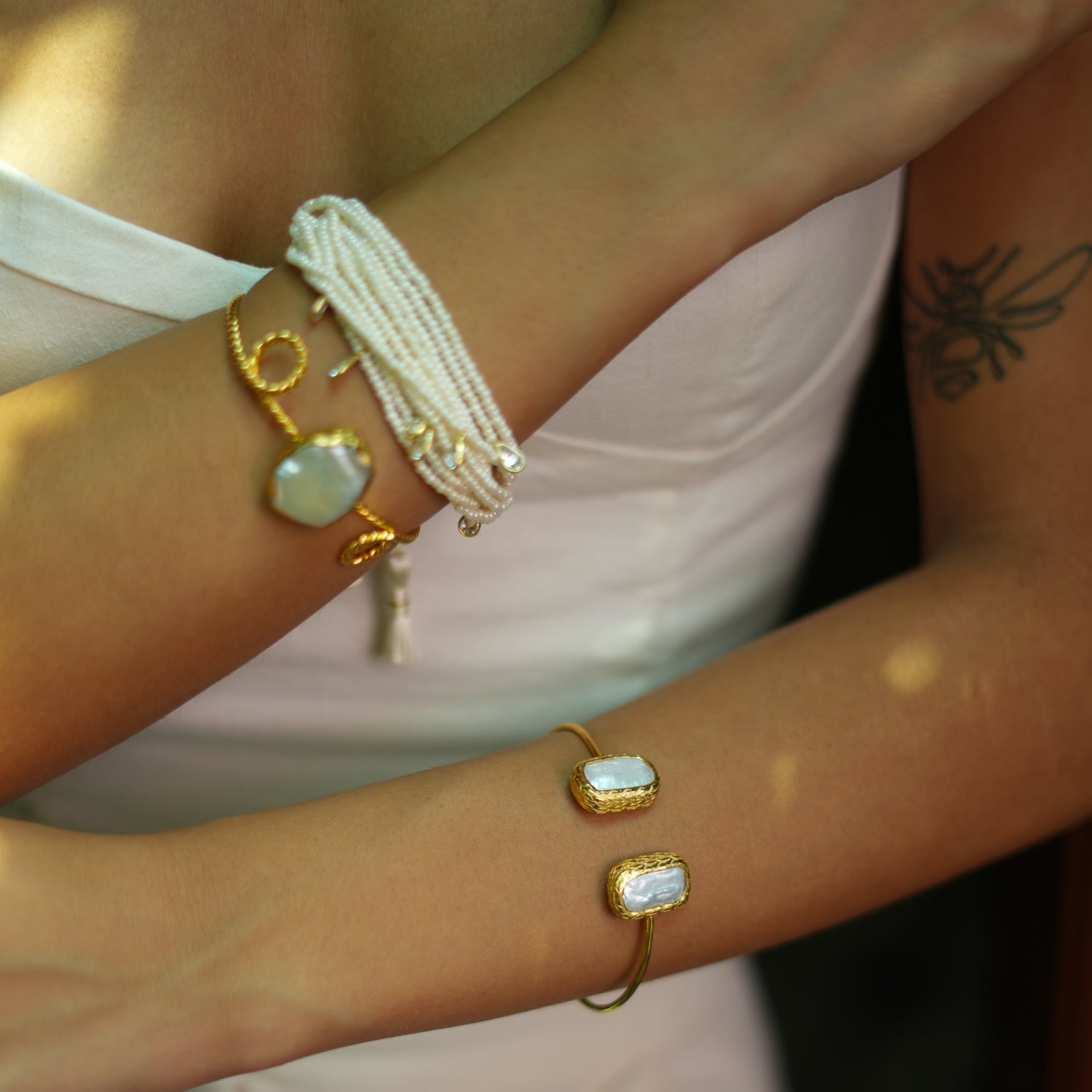 Double Pearl Stone Open Cuff Bangle Gold Bracelet - Gold