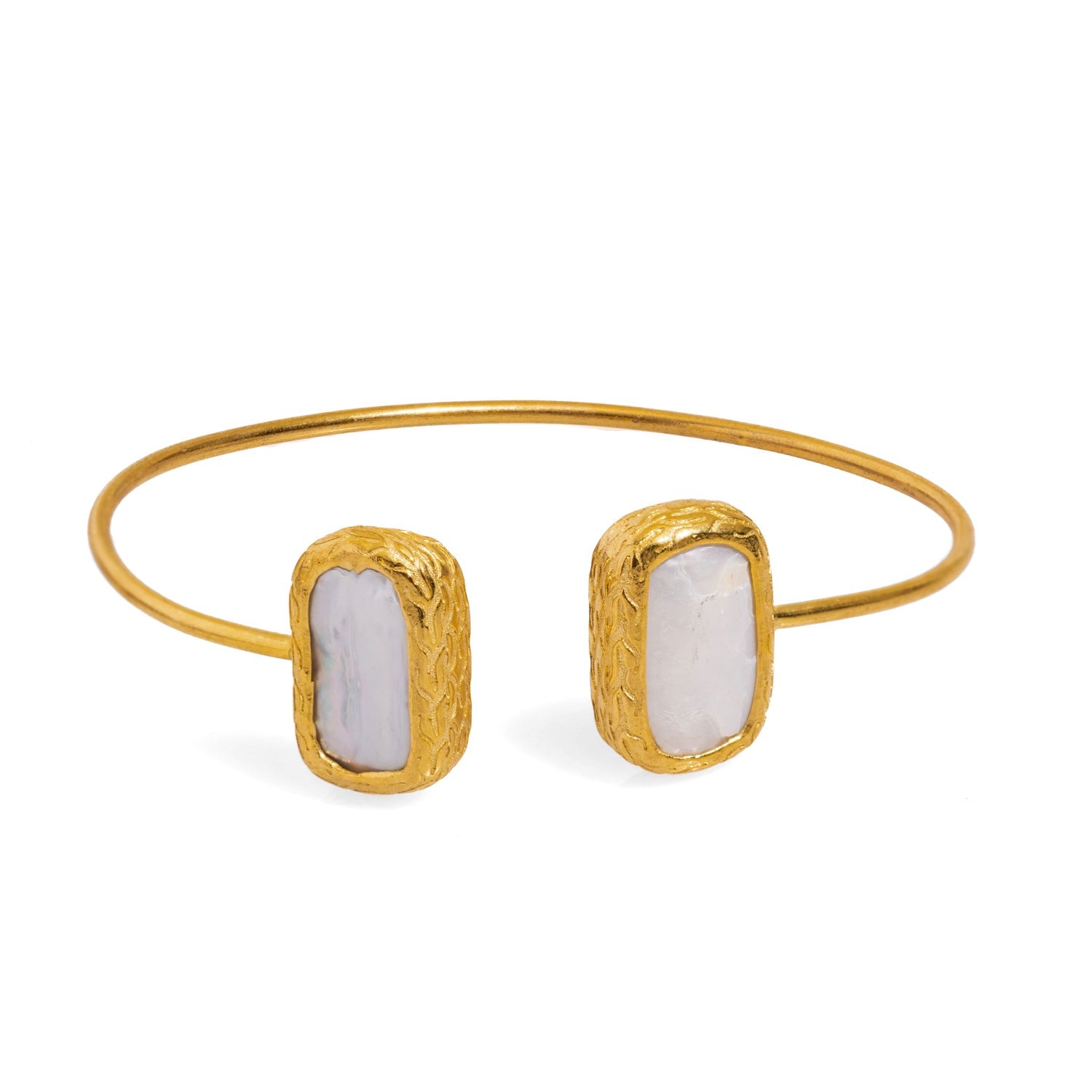 Double Pearl Stone Open Cuff Bangle Gold Bracelet - Gold