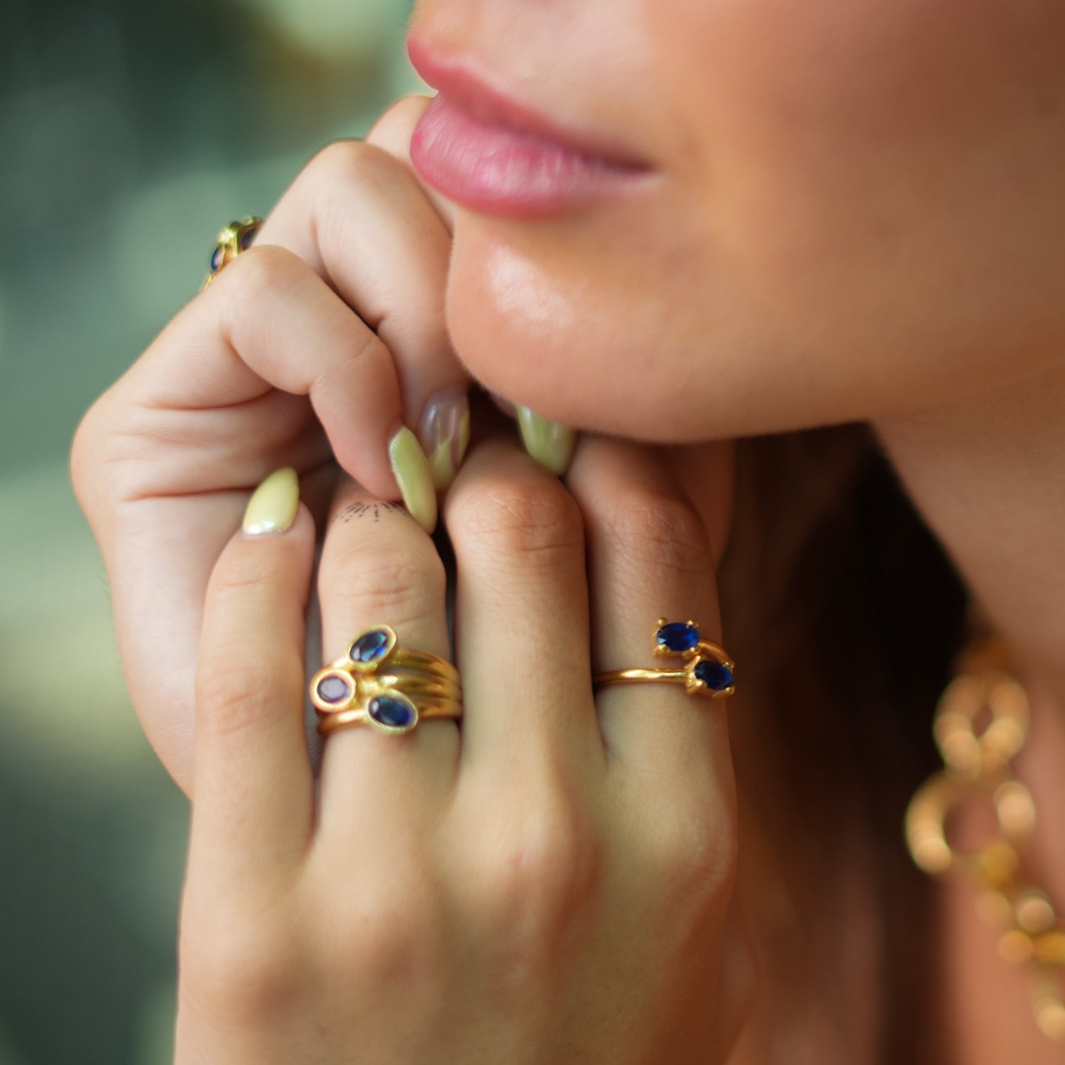 Double Sapphire Stone & Gold Dainty Adjustable Ring - Blue