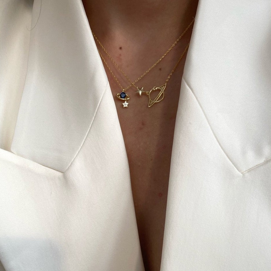 Double Saturn Necklace Layering Set Sterling Silver