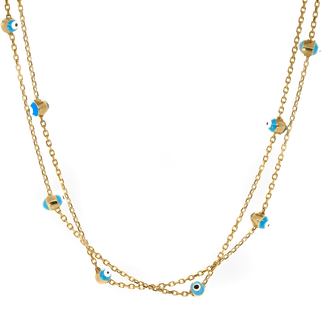 Double Solid Gold Chain Evil Eye Statement Necklace - Gold