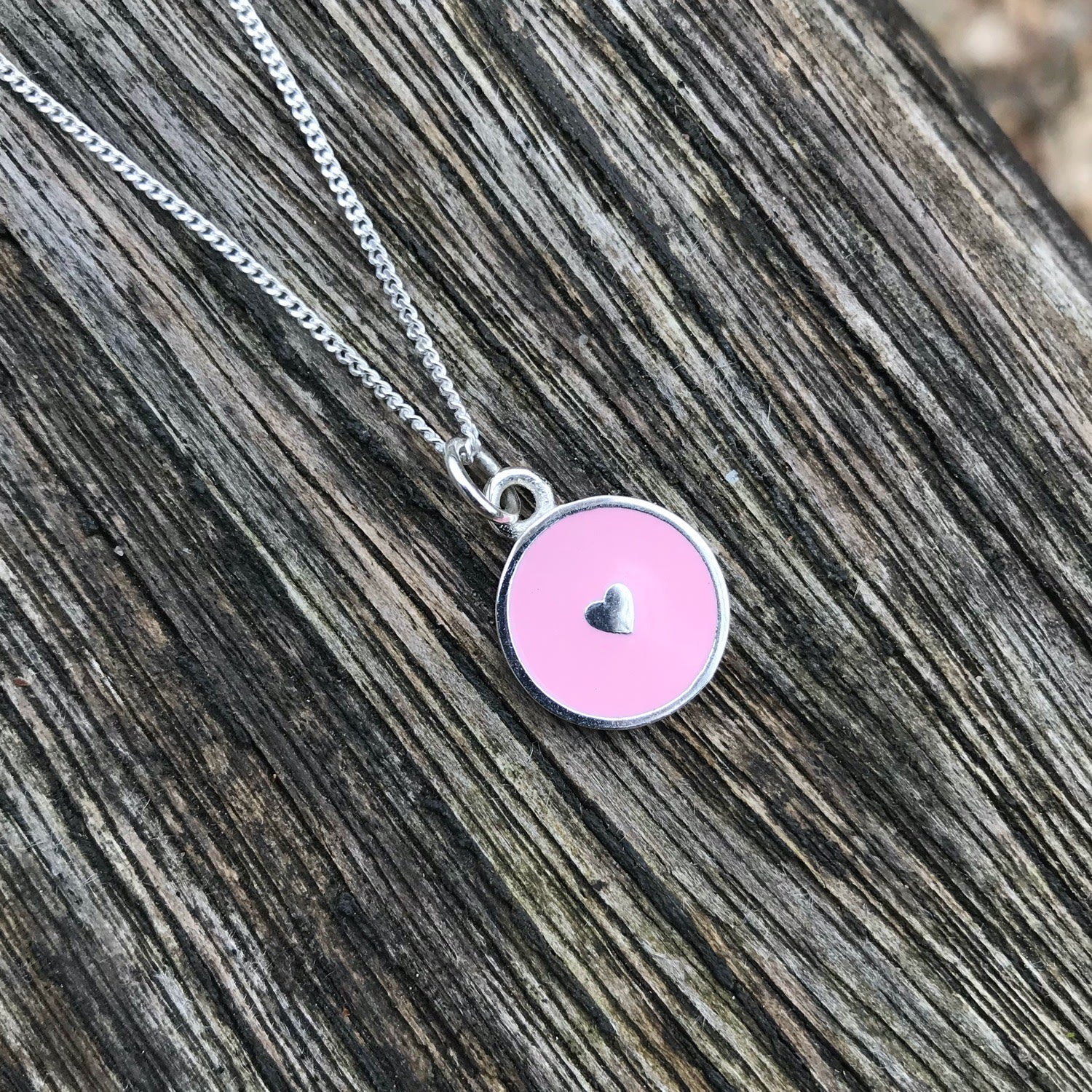 Small Heart Enamel Necklace Sterling Silver Powder Pink