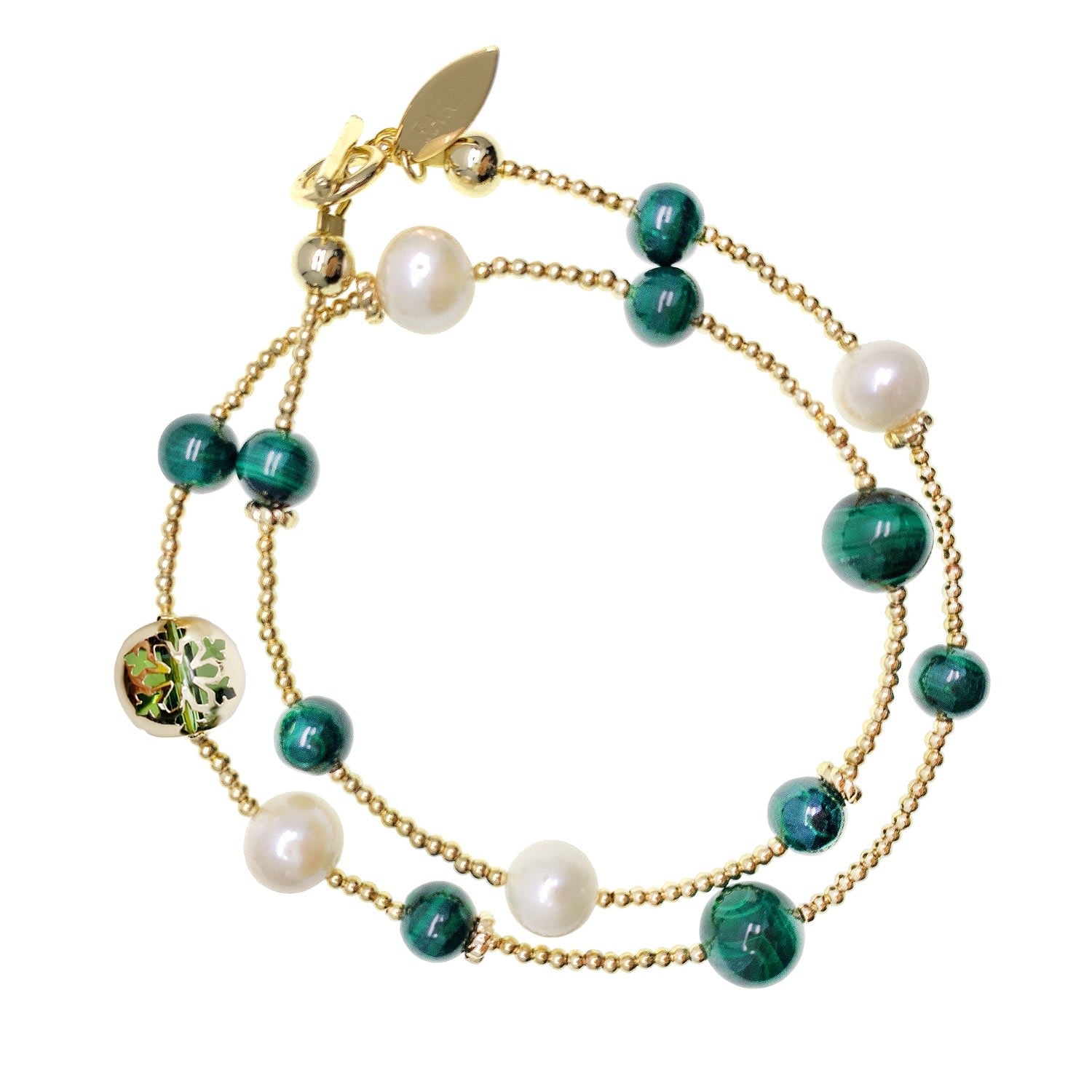 Christmas Style Malachite With Freshwater Pearls Double Wrapped Bracelet