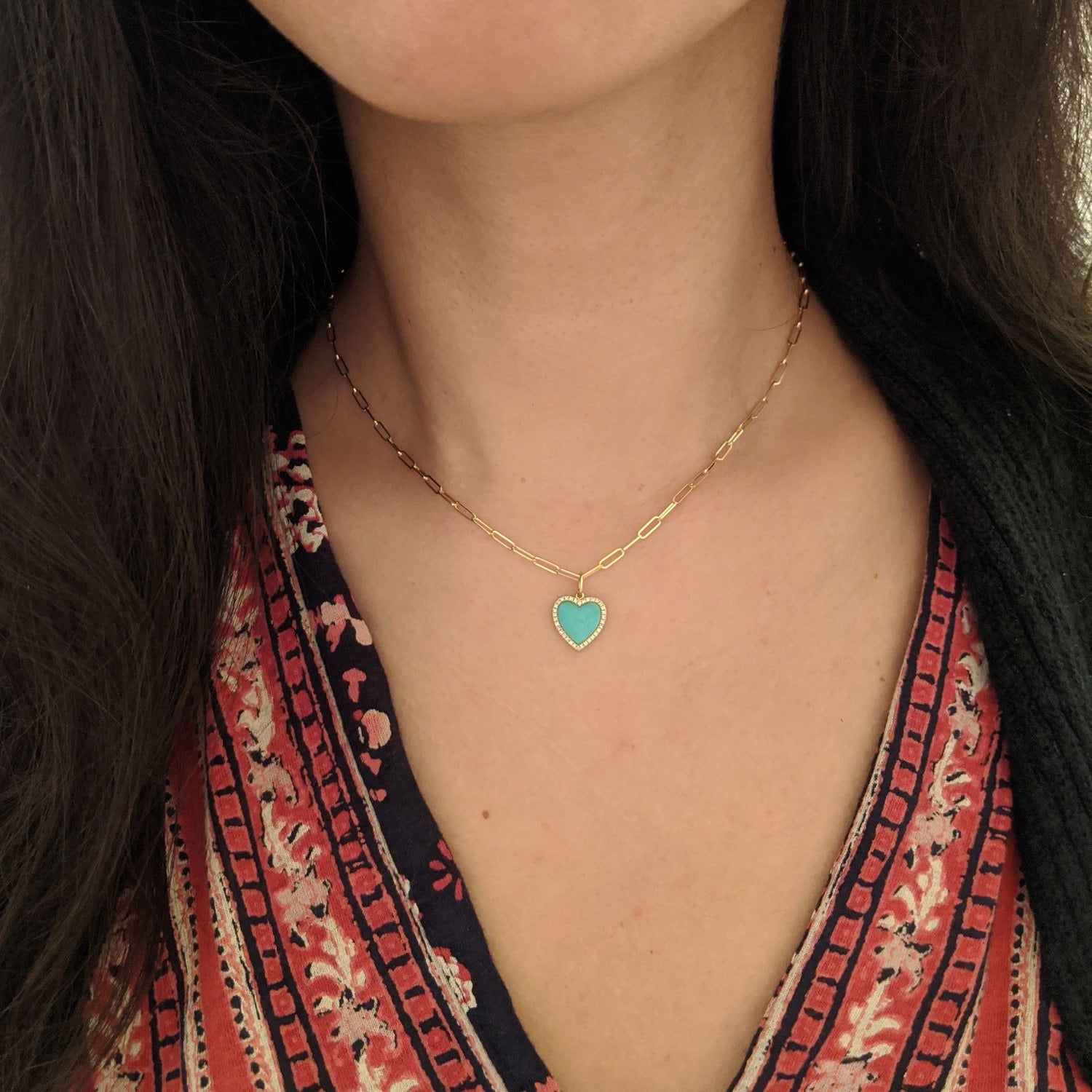 Turquoise Heart Necklace With Diamonds On Paperclip Link Chain