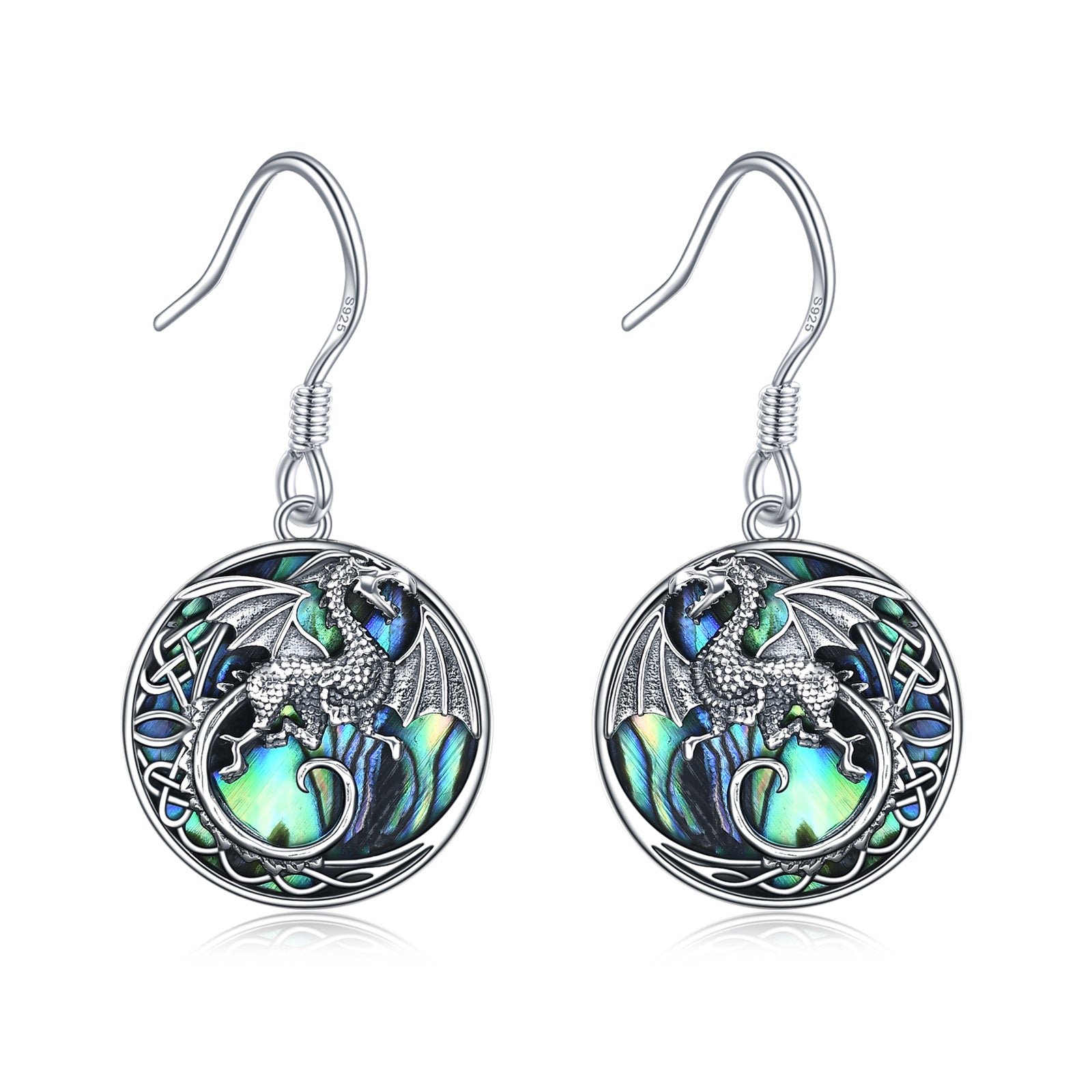Sterling Silver Abalone Shellfish Dragon & Celtic Knot Drop Earrings