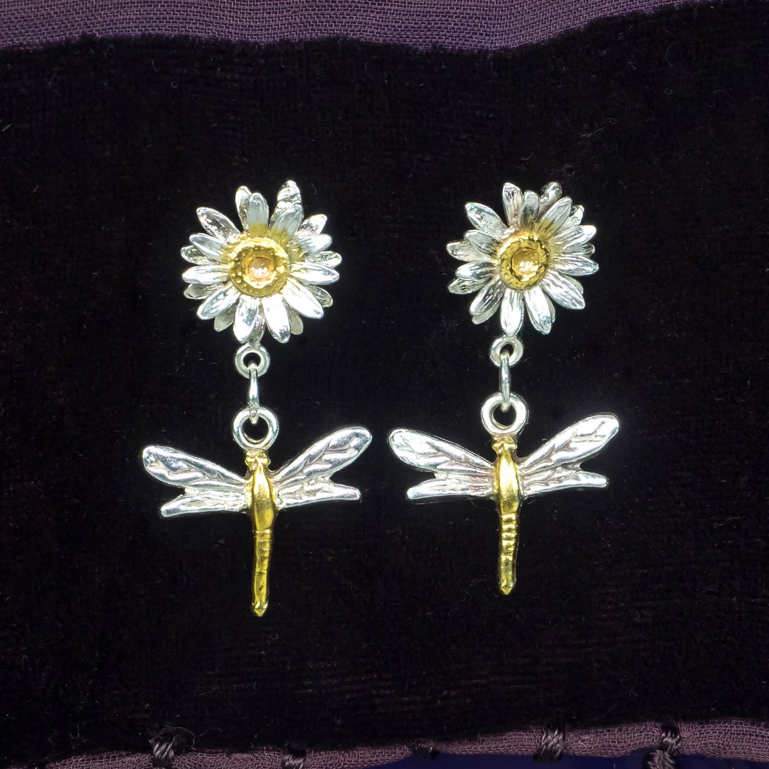 Dragonfly And Daisy Stud Earrings Eighteen Carat Gold On Solid Sterling Silver.