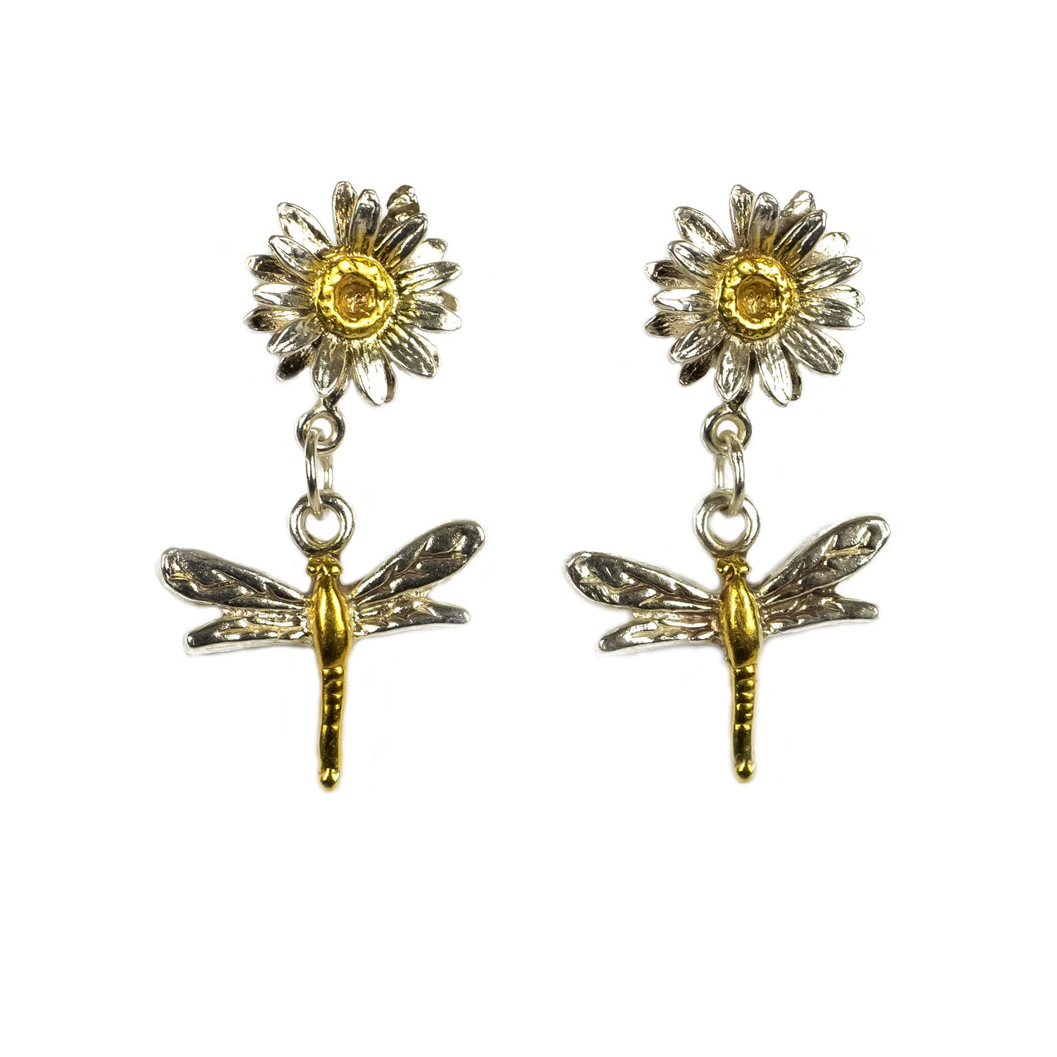Dragonfly And Daisy Stud Earrings Eighteen Carat Gold On Solid Sterling Silver.