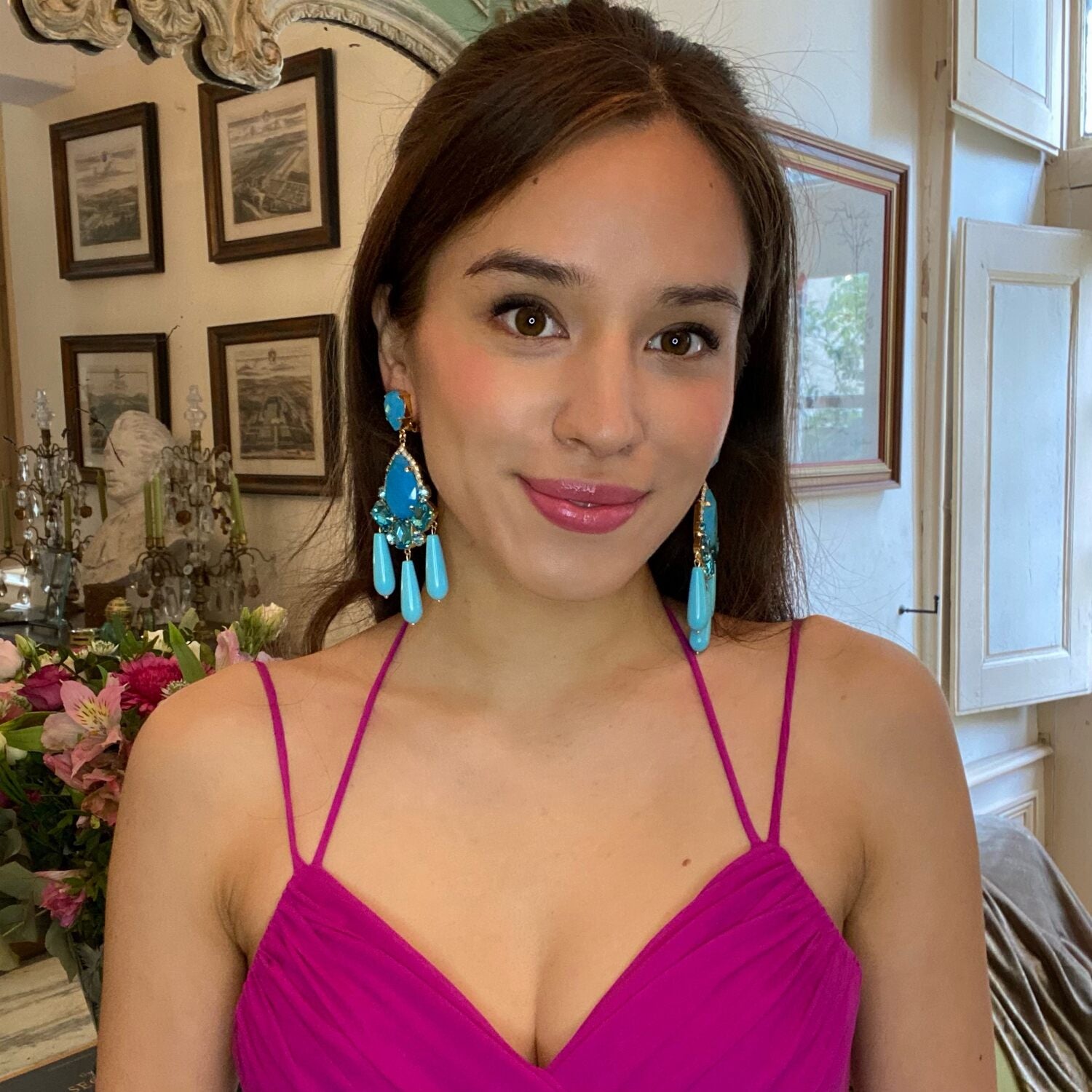 Dramatic Aqua & Turquoise European Glass Clip-On Drop Earrings