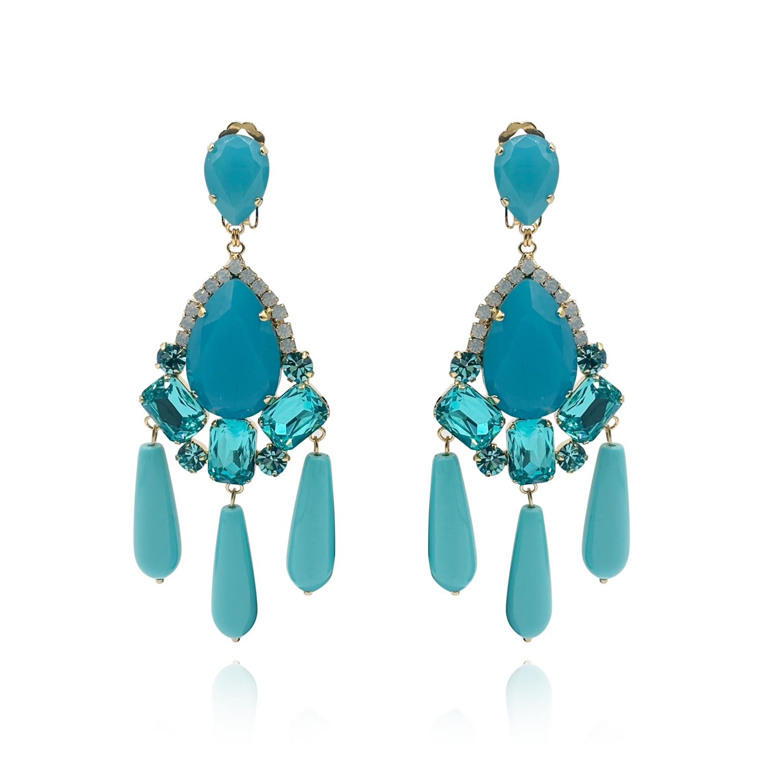 Dramatic Aqua & Turquoise European Glass Clip-On Drop Earrings