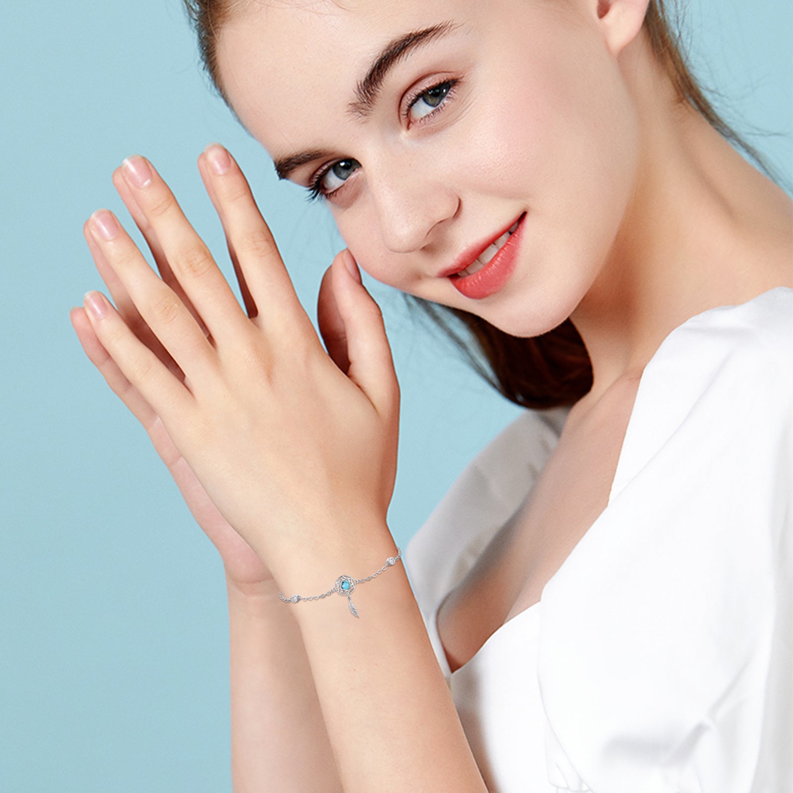 Sterling Silver Cubic Zirconia & Turquoise Dream Catcher Charm Bracelet