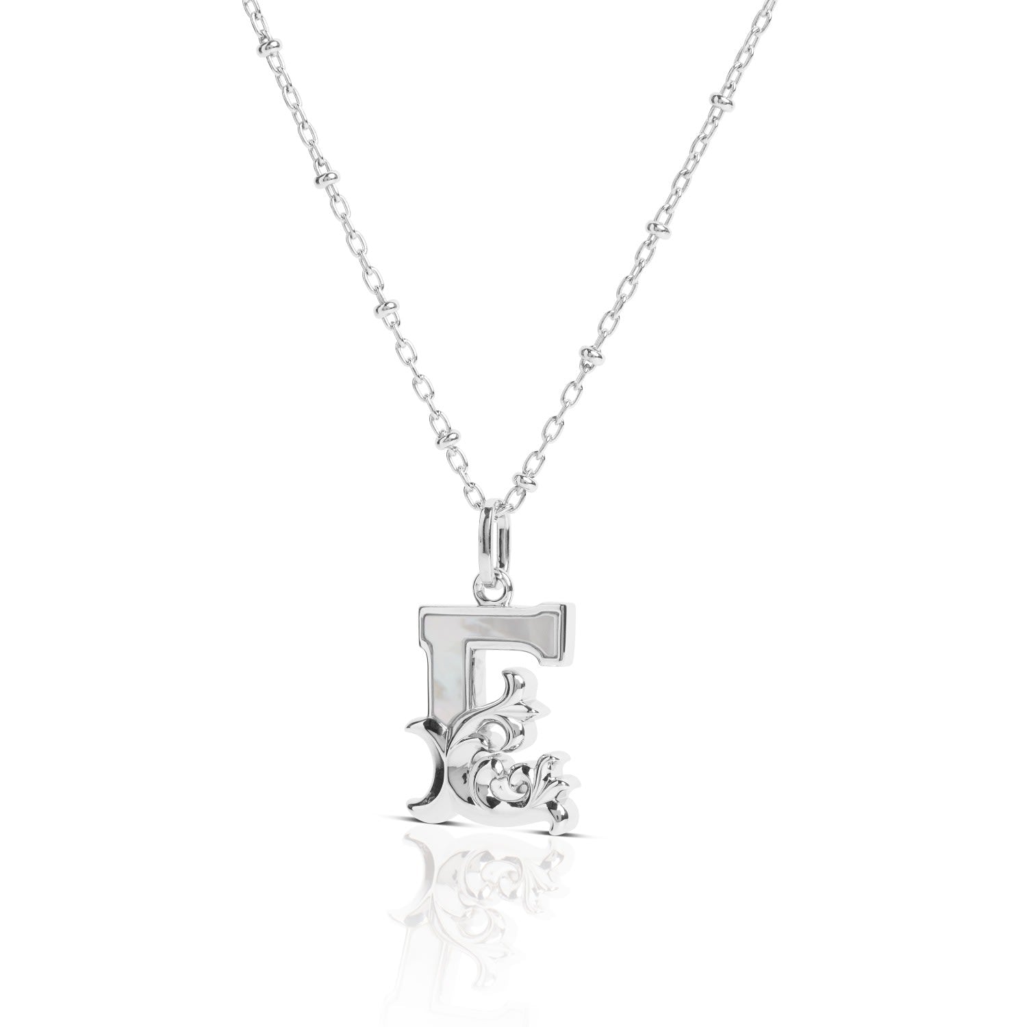 Solid Silver E Initial Necklace With Mother Of Pearl