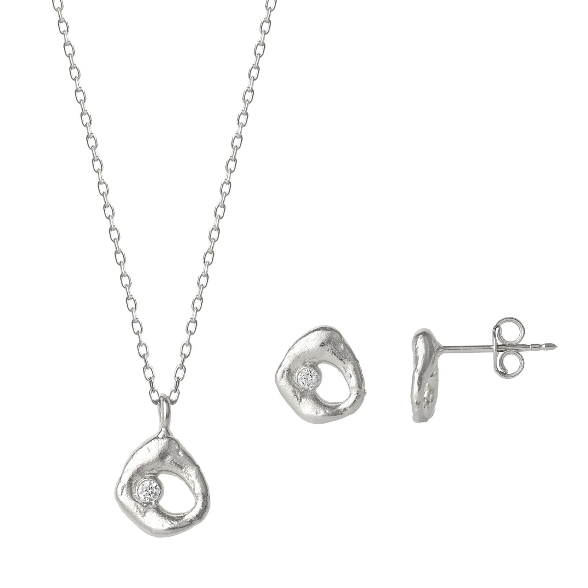 Dripping Molten Natural Textured Sterling Silver Authentic Pendant Necklace & Earring Set - Silver