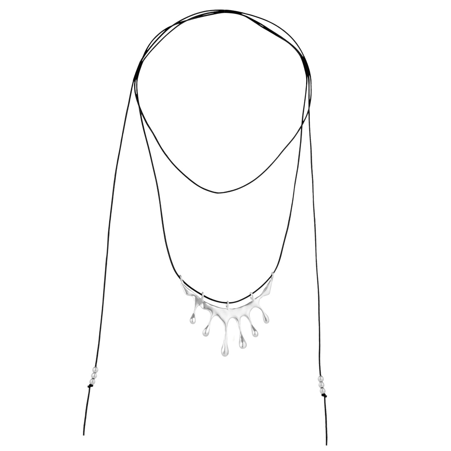 Dripping Silver Large Melting Black Cord Rope Necklace