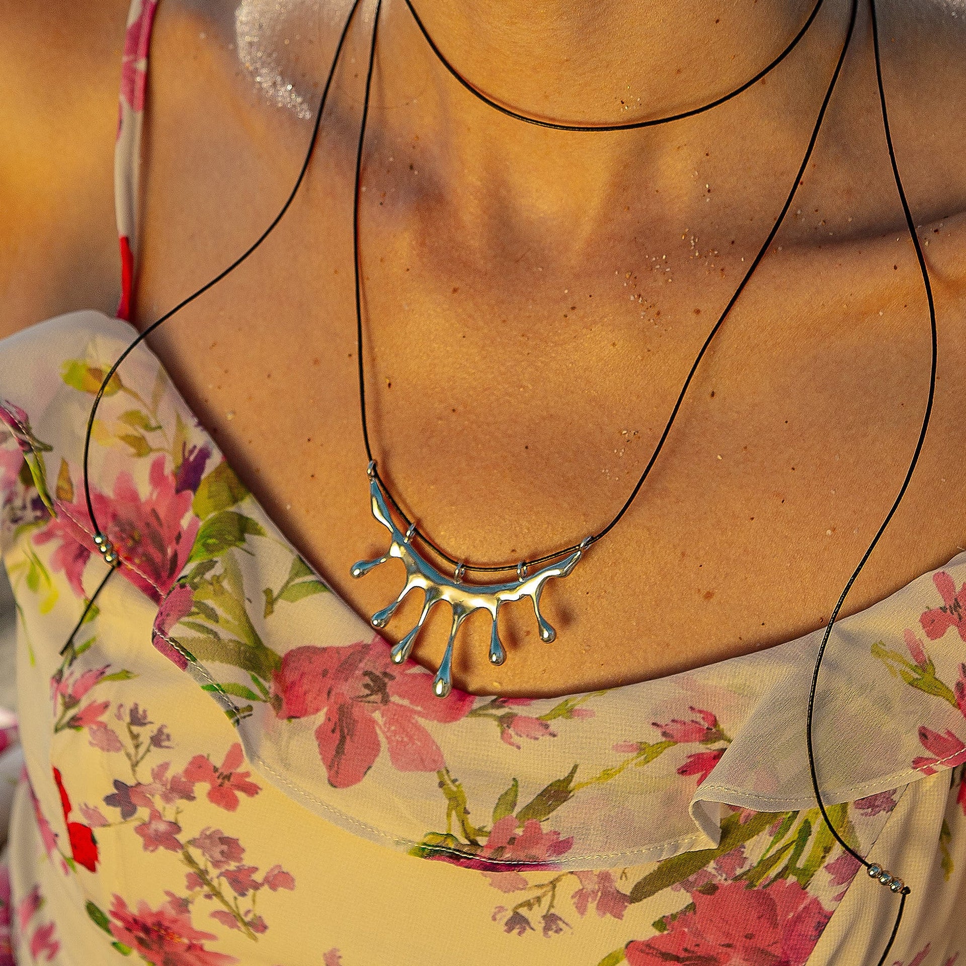 Dripping Silver Large Melting Black Cord Rope Necklace