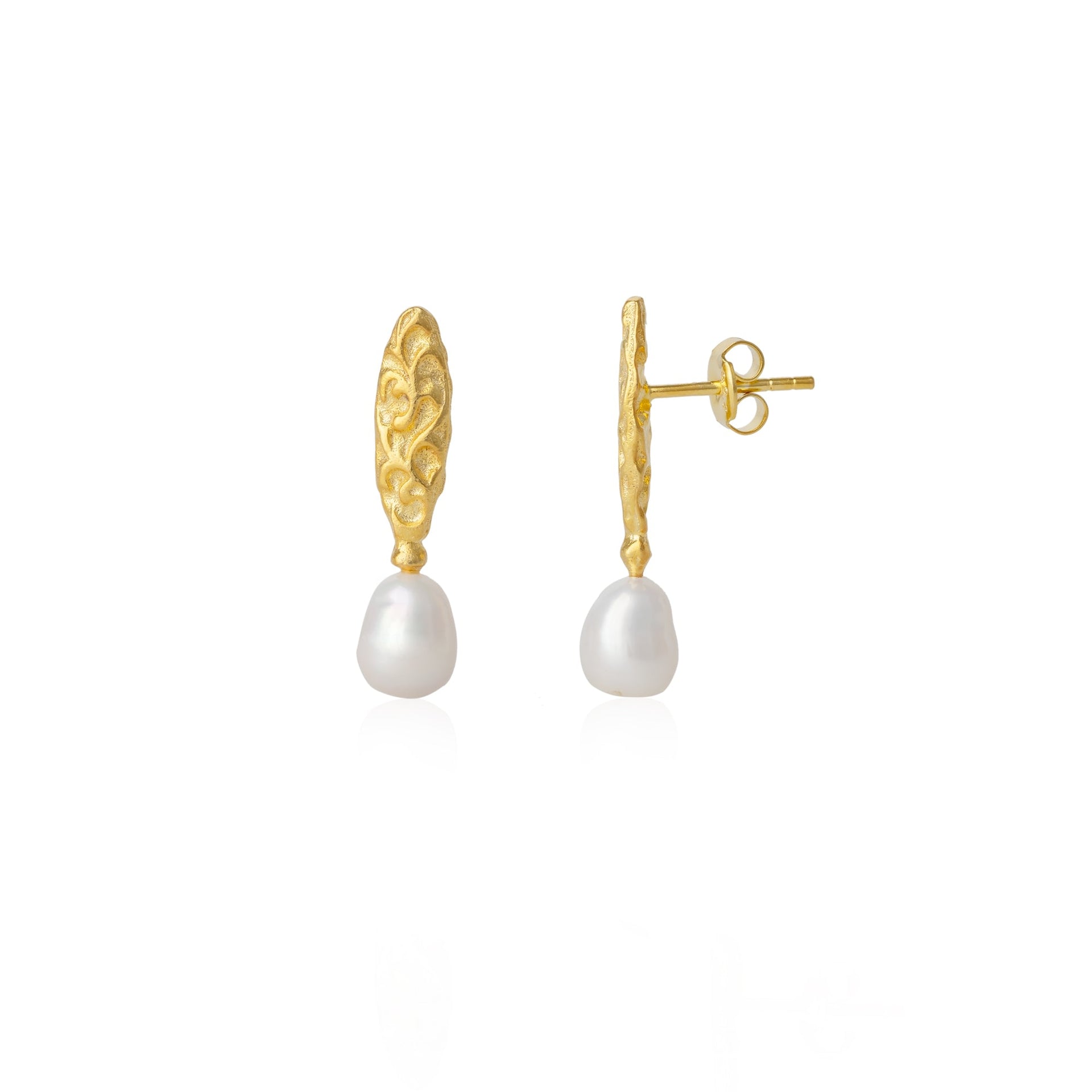 Drop Baroque Pearl Earrings Authentic Natural Textured Sterling Silver - Gold