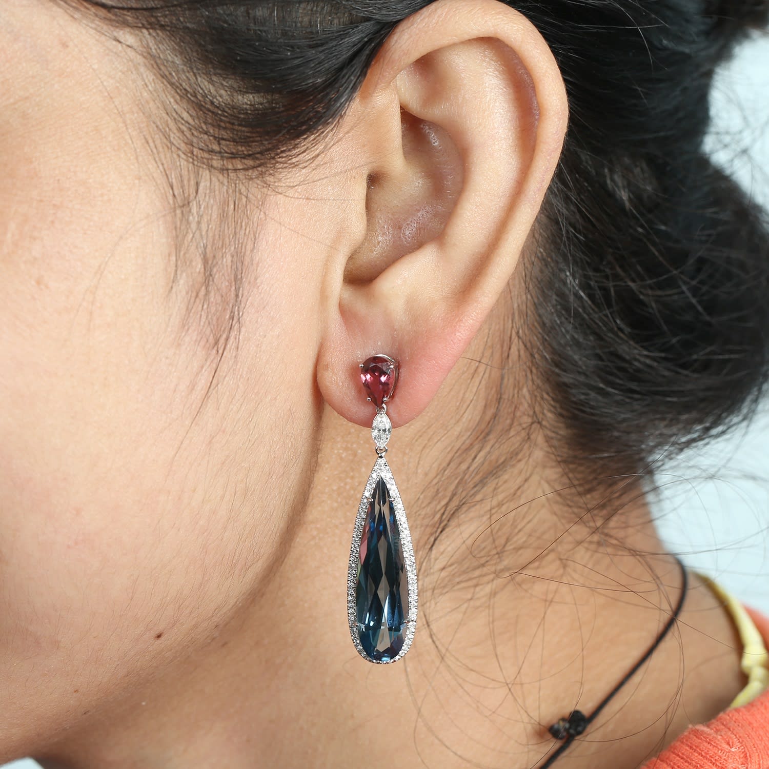 Blue Topaz Pear Pink Tourmaline Pave Diamond Dangle Earrings In White Gold