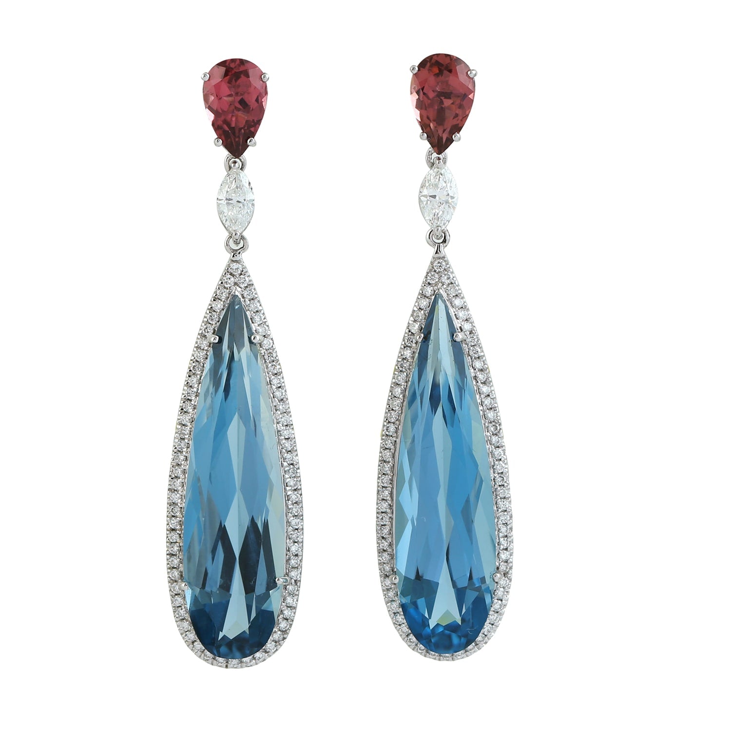 Blue Topaz Pear Pink Tourmaline Pave Diamond Dangle Earrings In White Gold