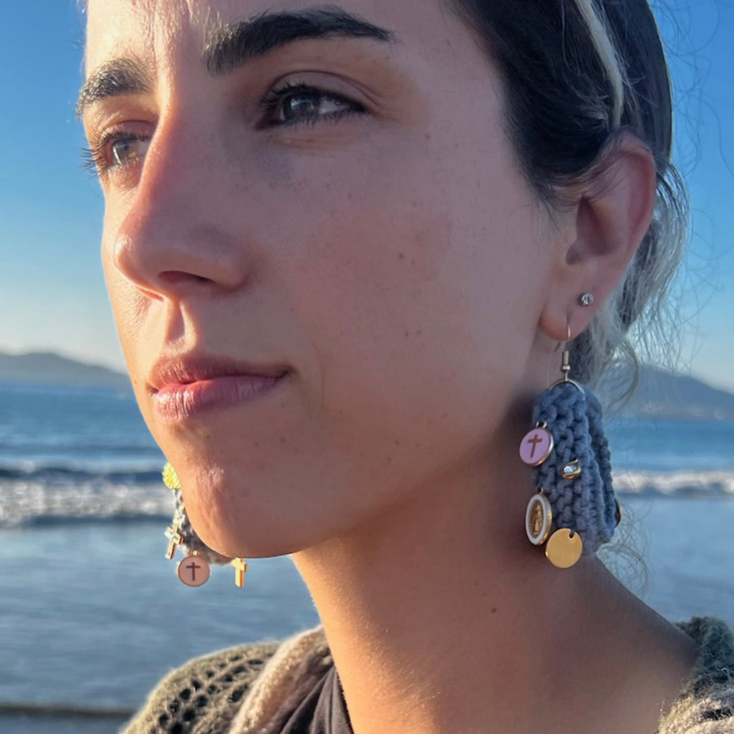 Drop Earrings With Charms - Grey