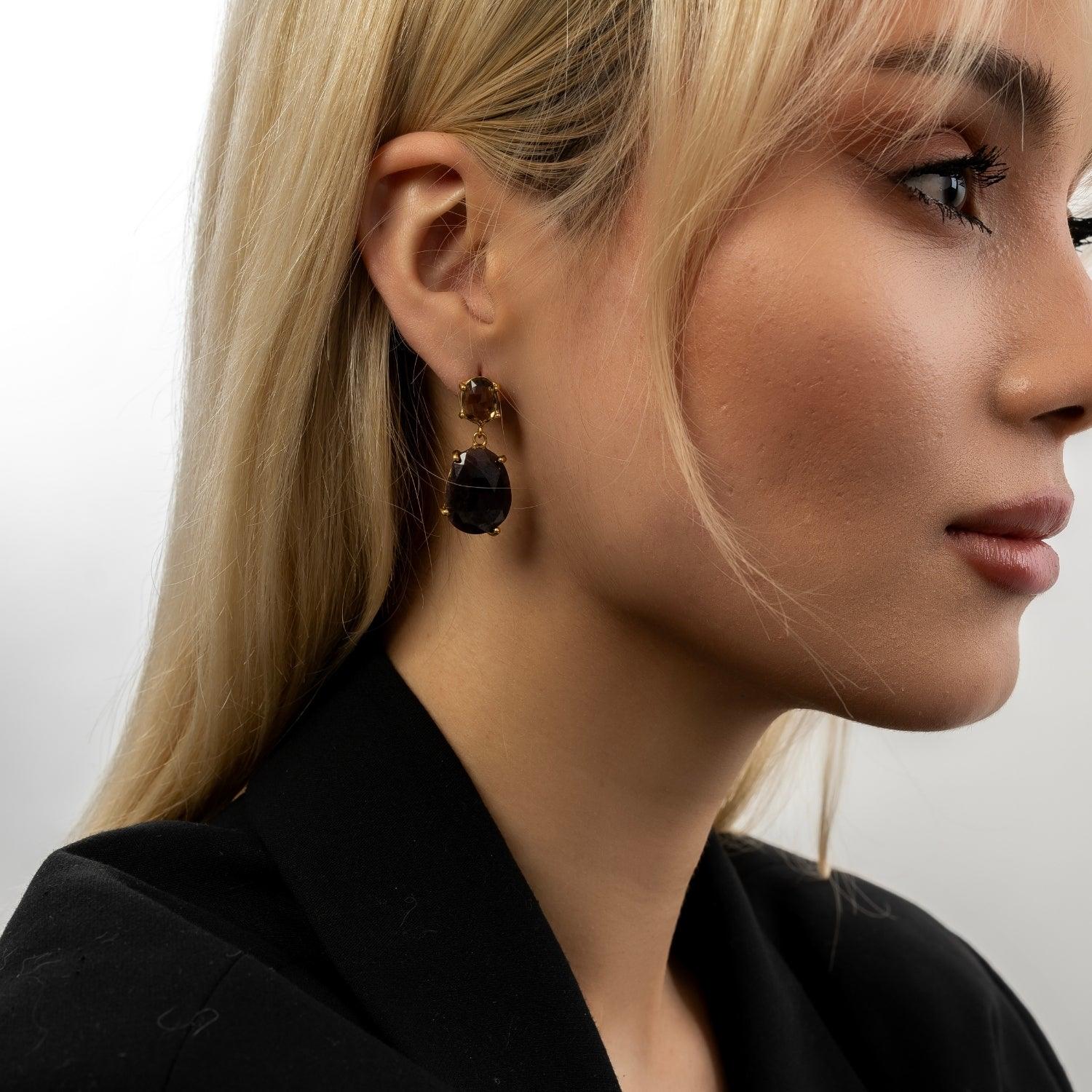 Drop Purple Gemstone Gold Earrings