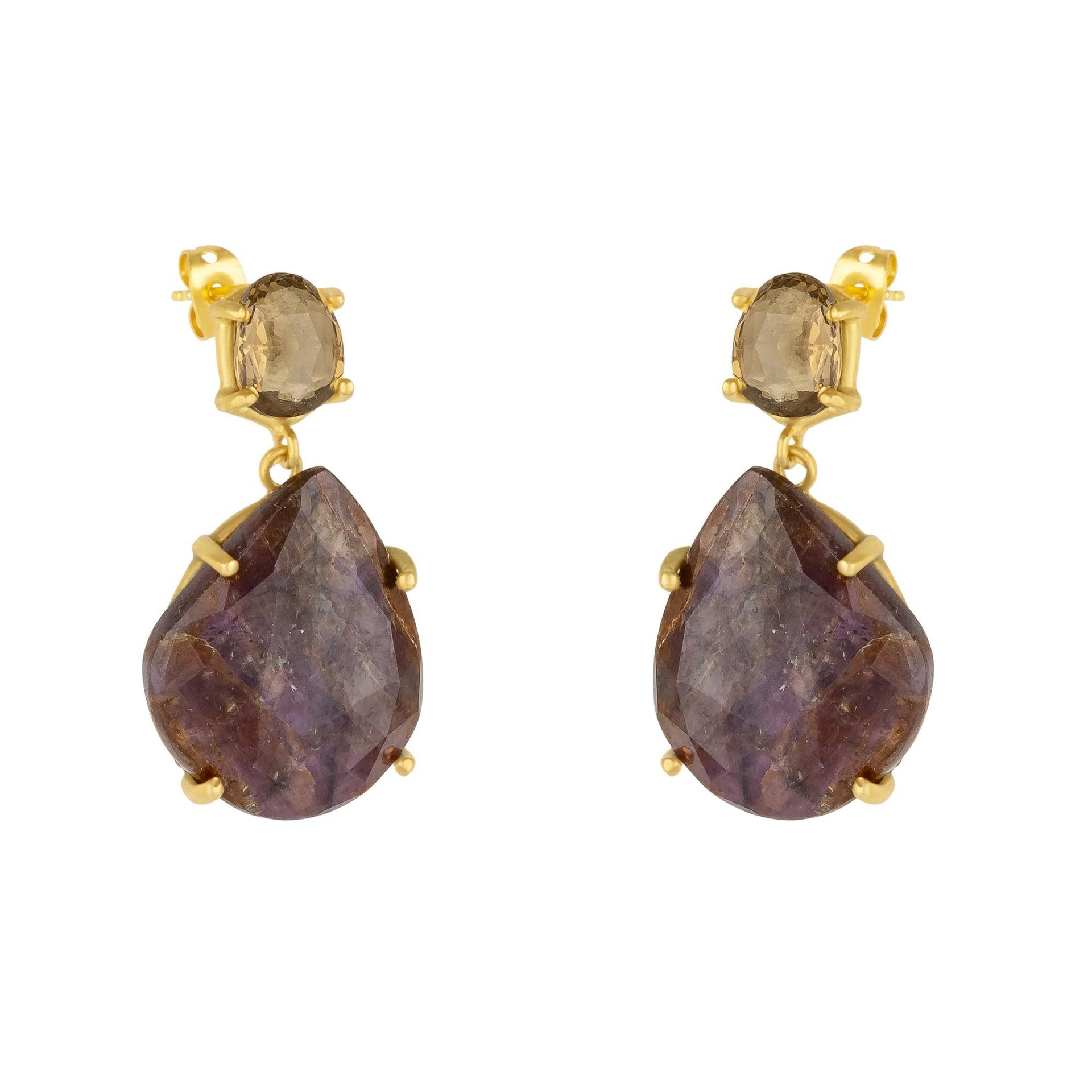 Drop Purple Gemstone Gold Earrings