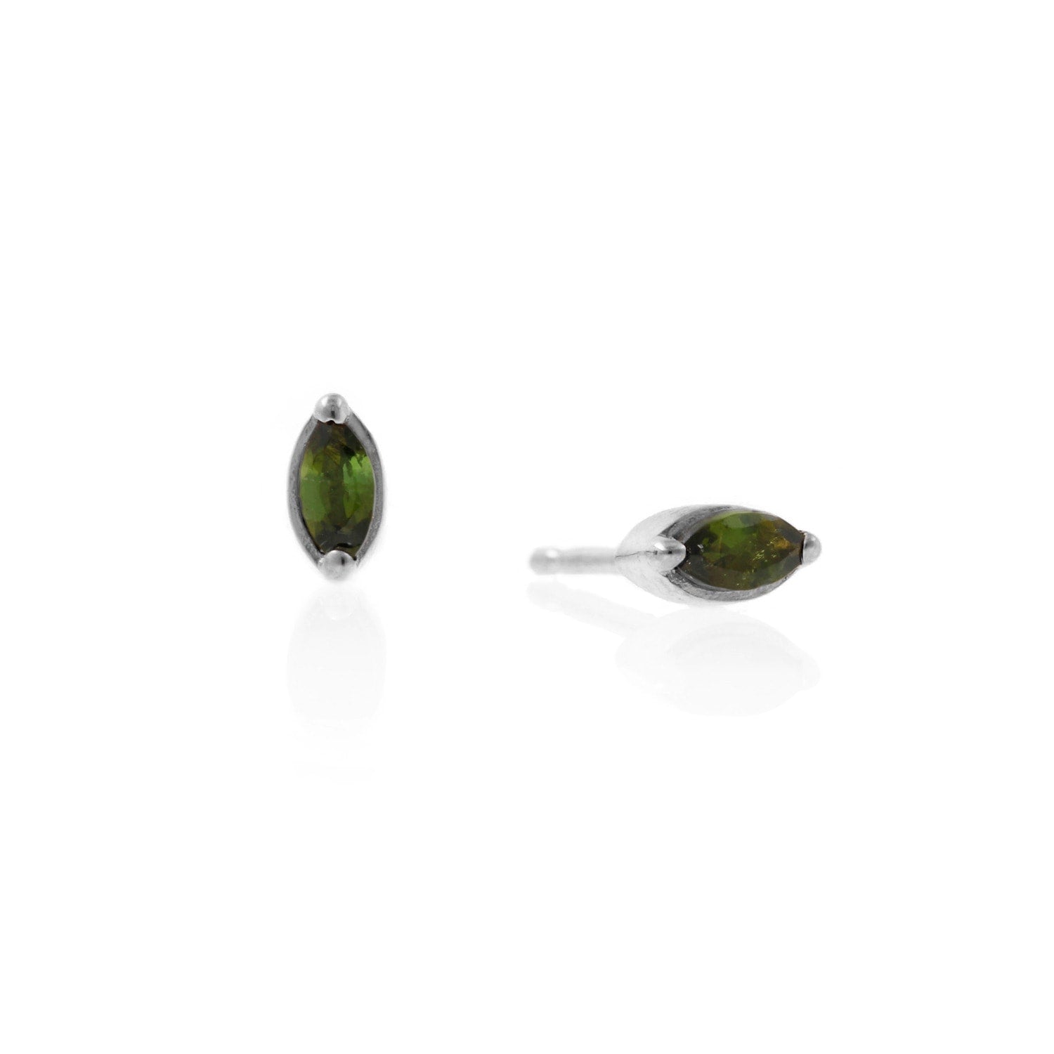 Green Tourmaline Leaf Stud Earrings - Silver