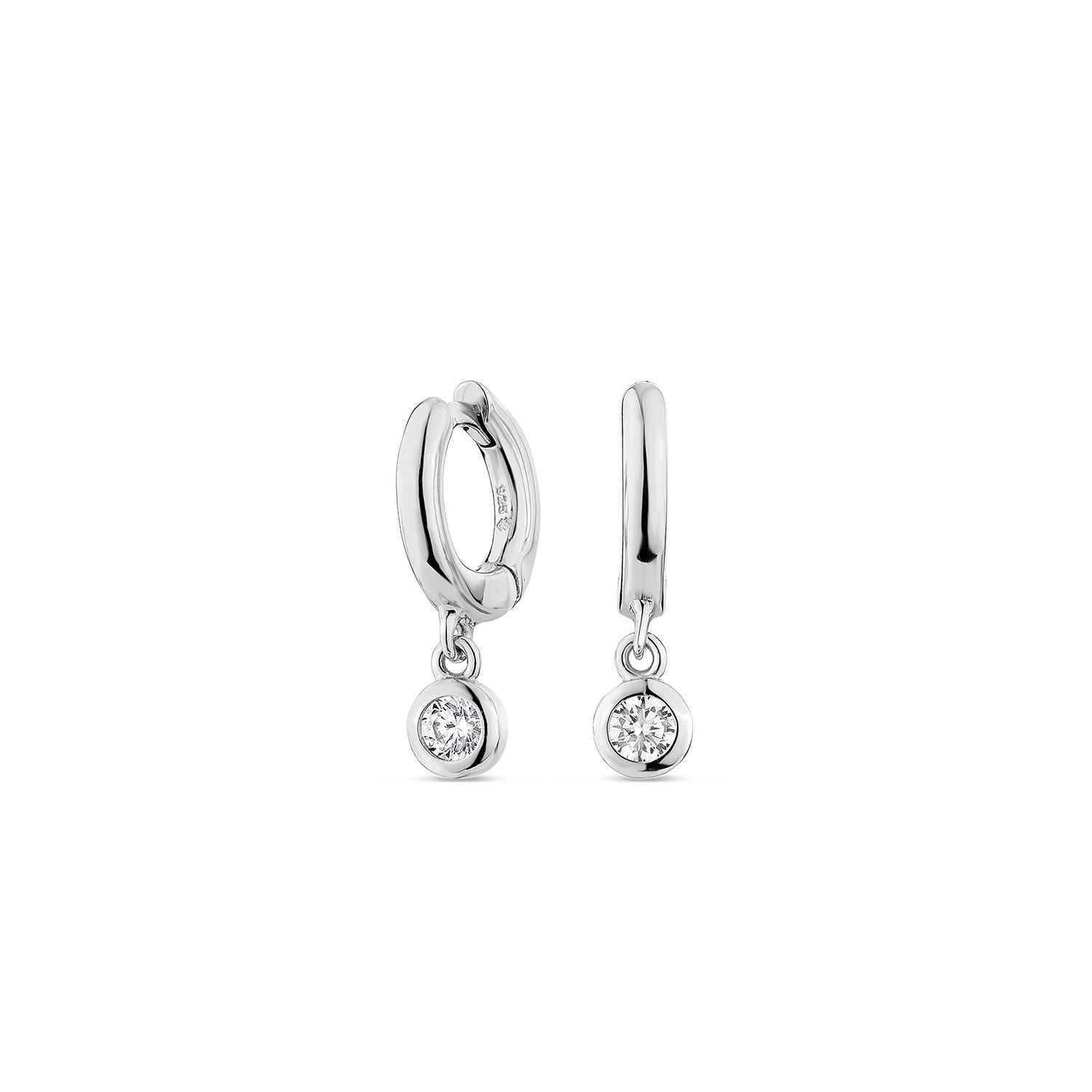 Minx Solitaire Huggie Earrings With Man Made Cz Diamond Stimulant In Sterling Silver