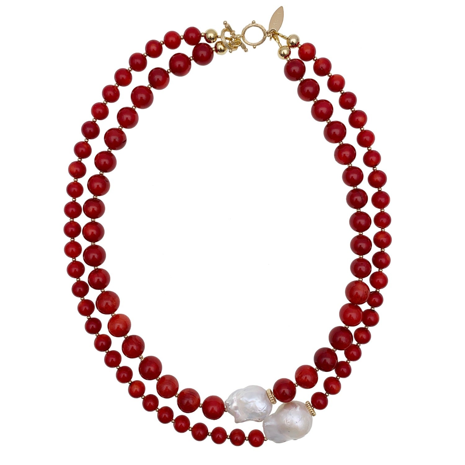 Red Coral With Baroque Pearls Double Strands Necklace