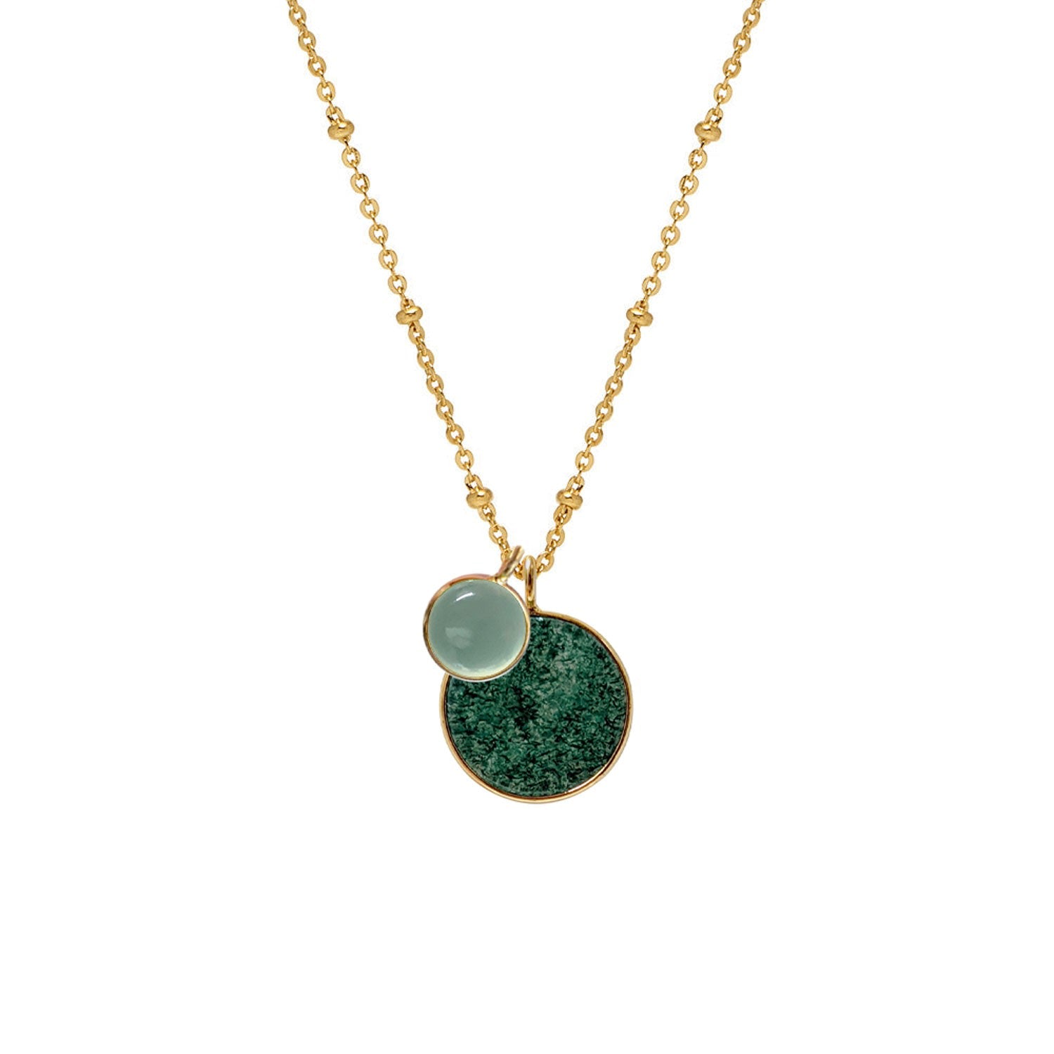 Duo Jade & Aqua Chalcedony Pendant On Long Satellite Chain