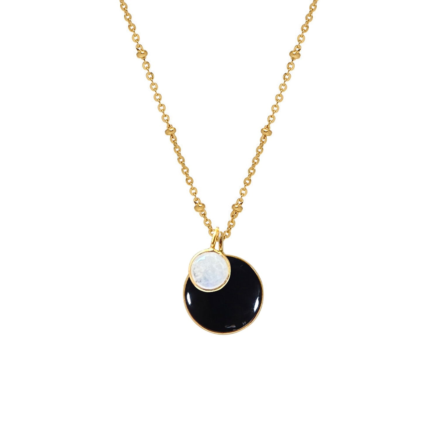 Duo Ying Yang Black Onyx & Moonstone Pendant On Long Satellite Chain