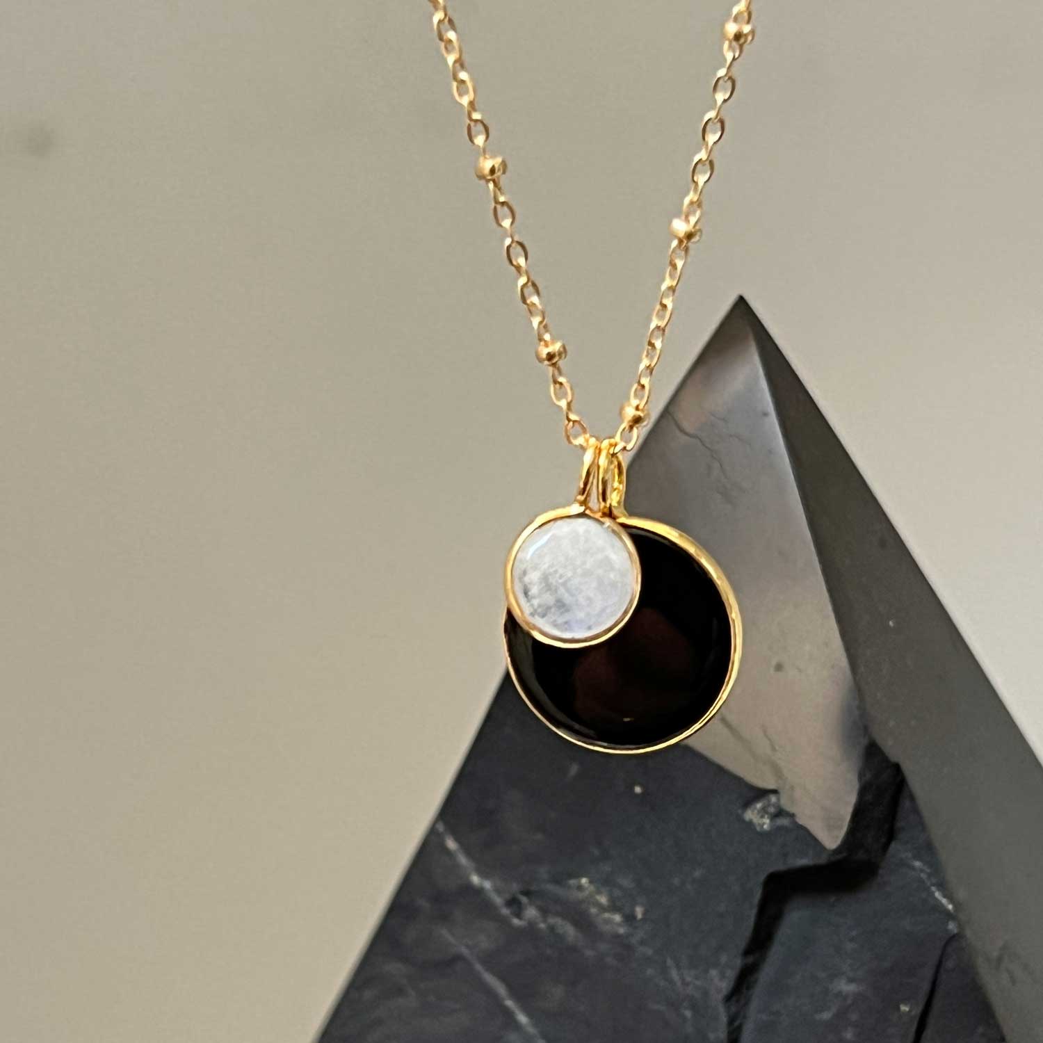 Duo Ying Yang Black Onyx & Moonstone Pendant On Long Satellite Chain