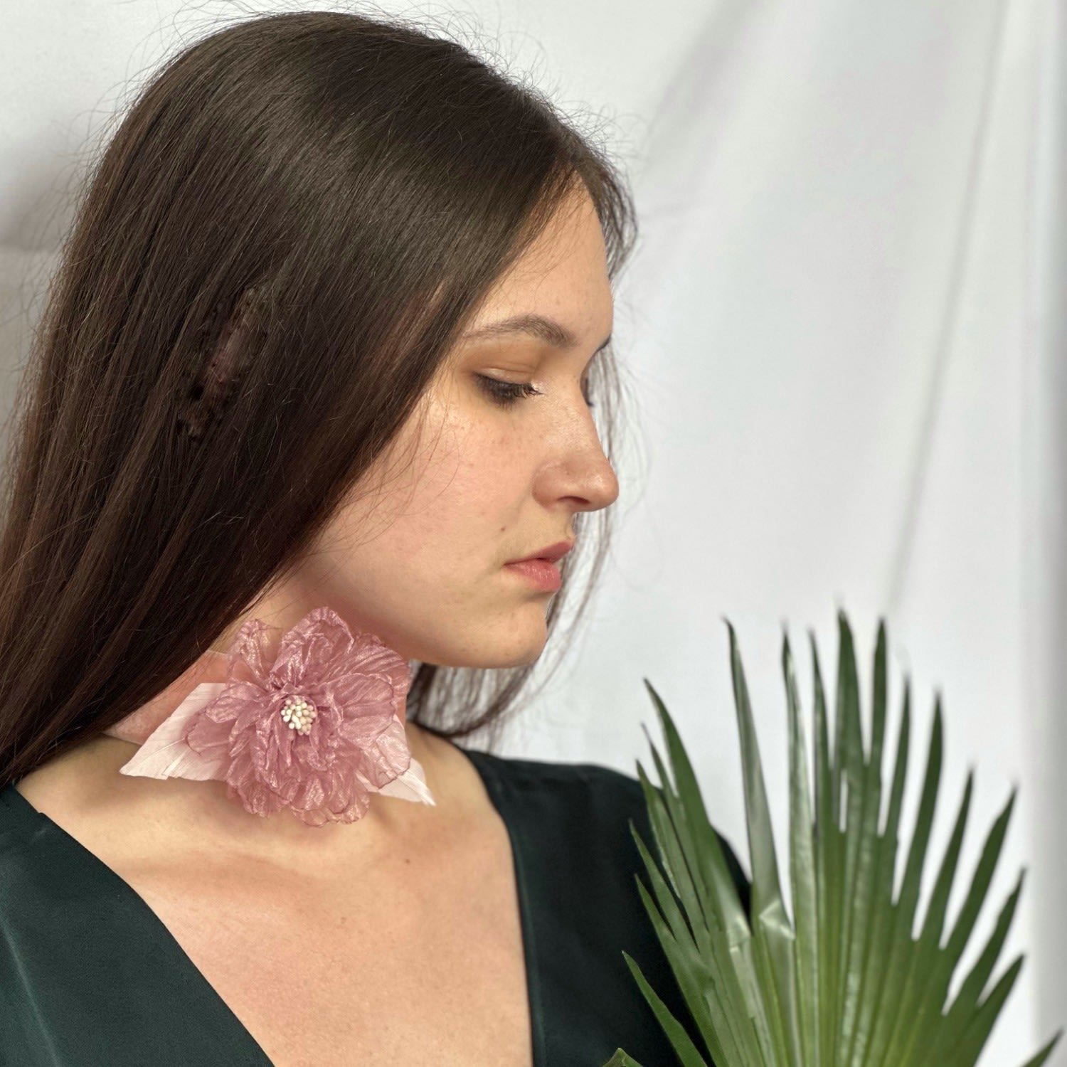 Dusty Pink Velvet Rosette Choker With Feather Accents