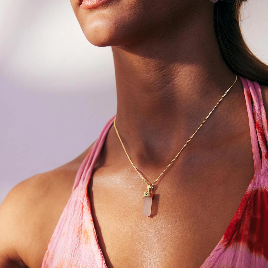 Open Heart Crystal Gold Pendant Necklace - Rose Quartz