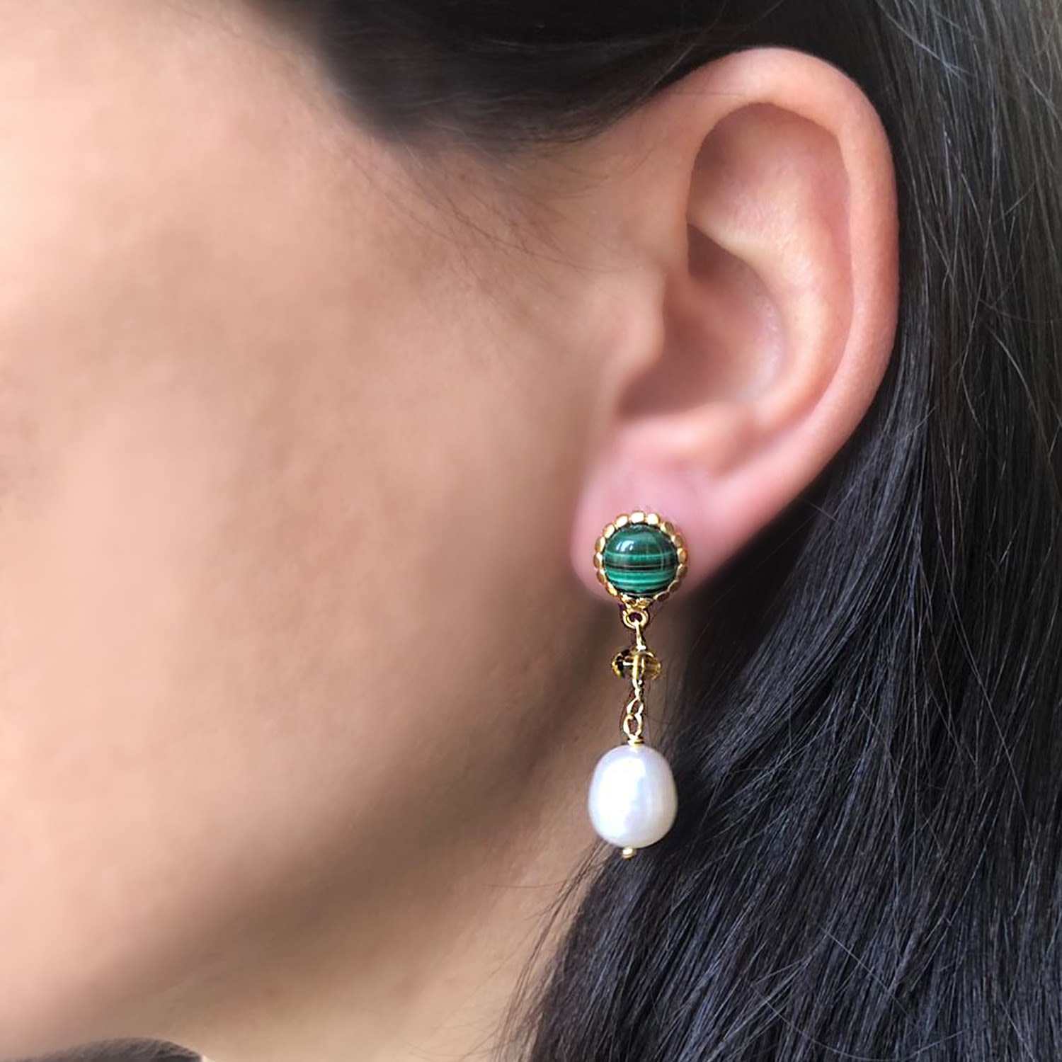 Malachite, Citrine & Pearl Drop Earrings