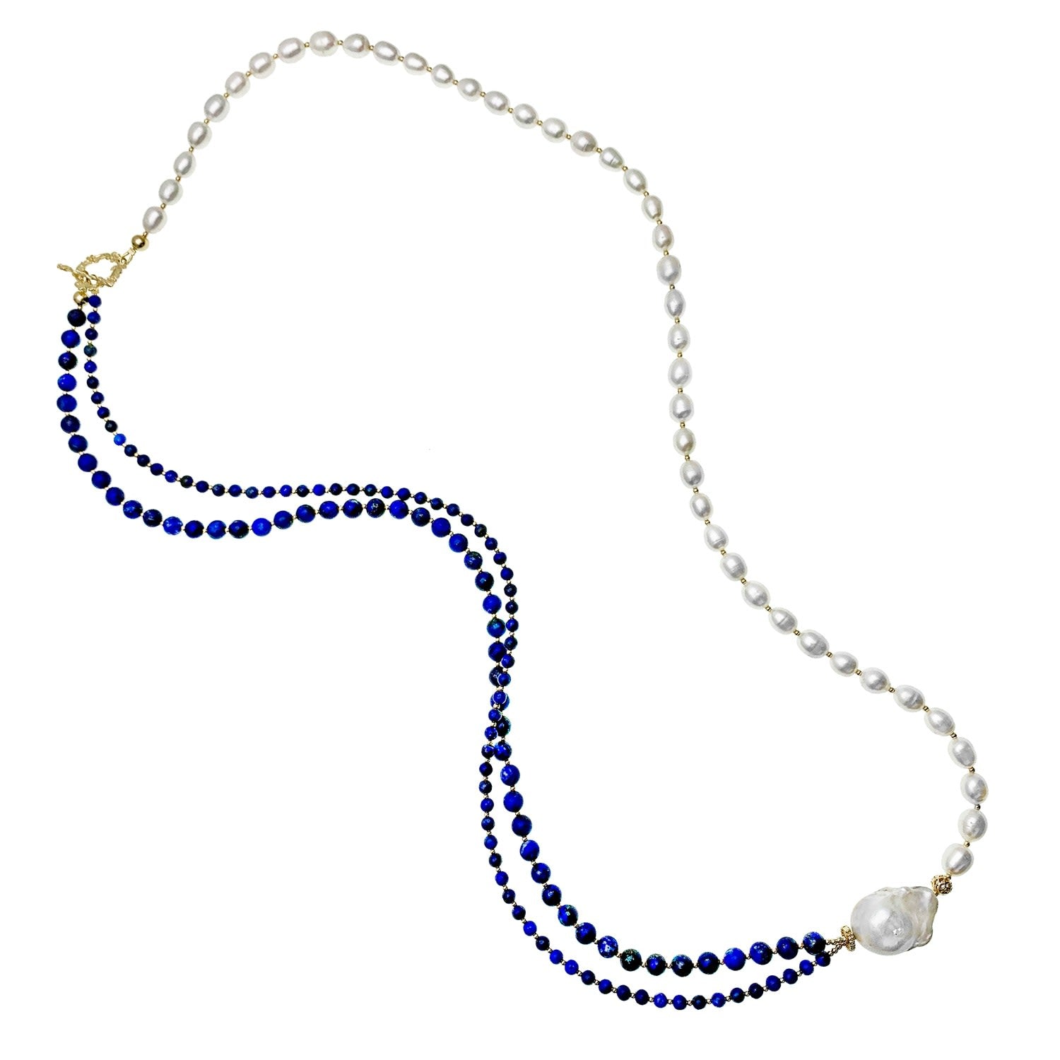Round Lapis With Freshwater Pearls Multi-Ways Long Necklace