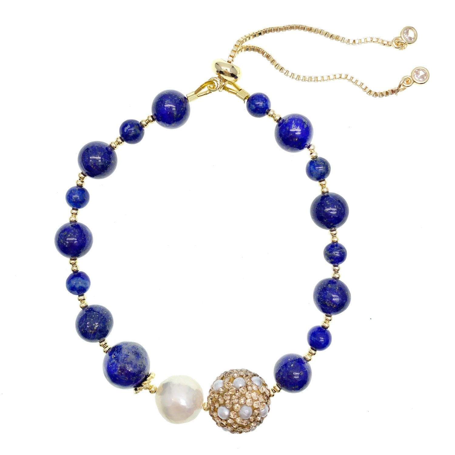 Lapis With Rhinestone And Freshwater Pearl Bracelet