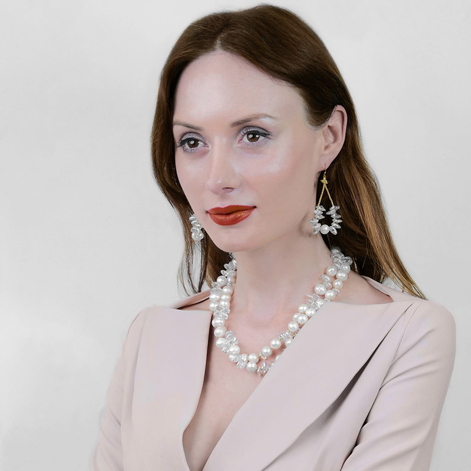 Double Strands Freshwater Pearls & White Crystal Necklace