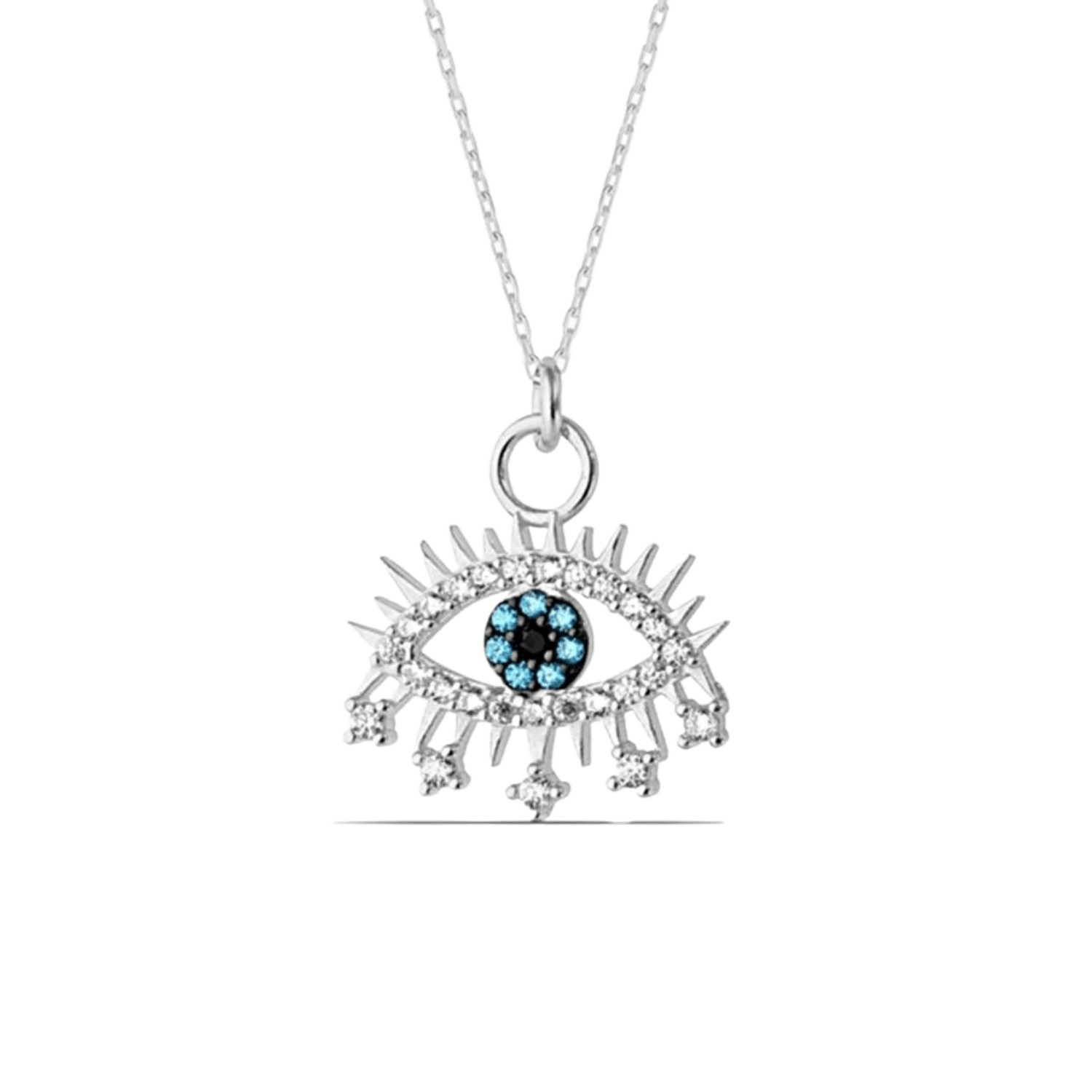 Evil Eye Earring Blue Eye Sterling Silver Pendant Eyelash Necklace - Silver