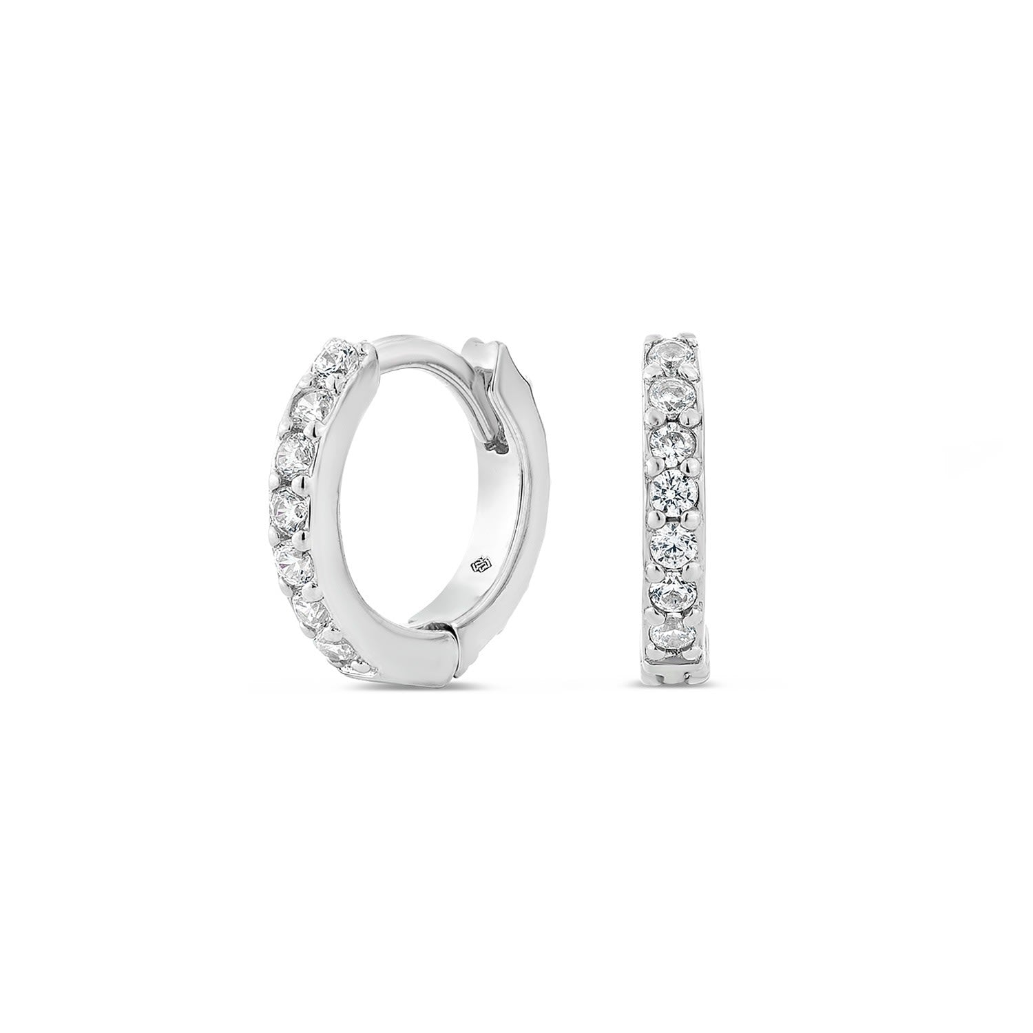 Light Huggie Earrings With Man Made Cz Diamond Stimulant In Sterling Silver