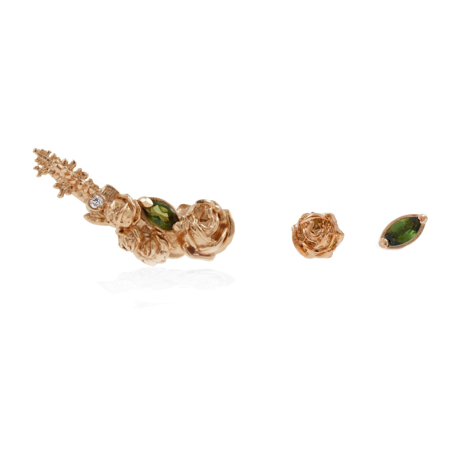 Three Earrings Set - Roses & Tourmalines - Rose Gold