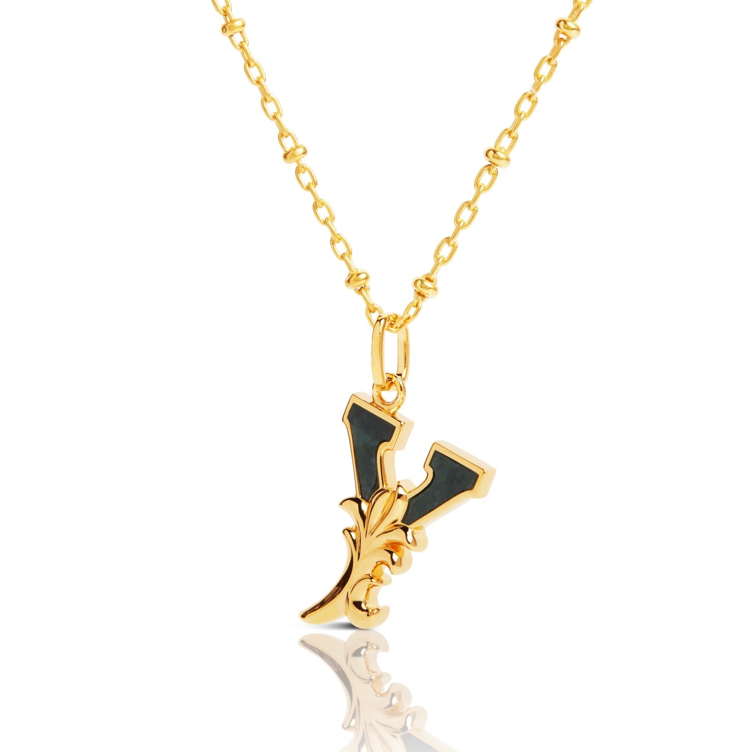 Gold Plated Y Initial Necklace With Green Marble