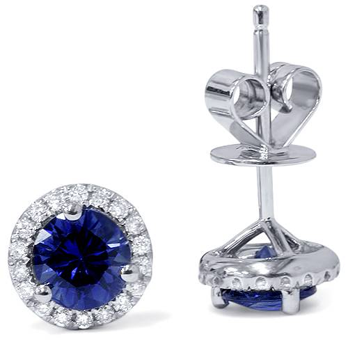 1 ct Blue Sapphire Diamond Halo Studs Earrings 10k White Gold