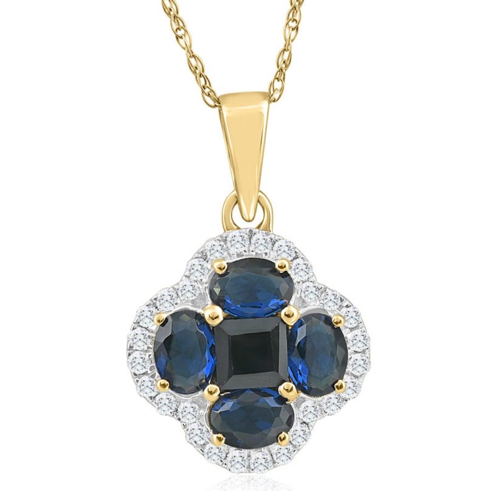 1ct TW Diamond & Created Blue Sapphire Pendant Yellow Gold Lab Grown Necklace