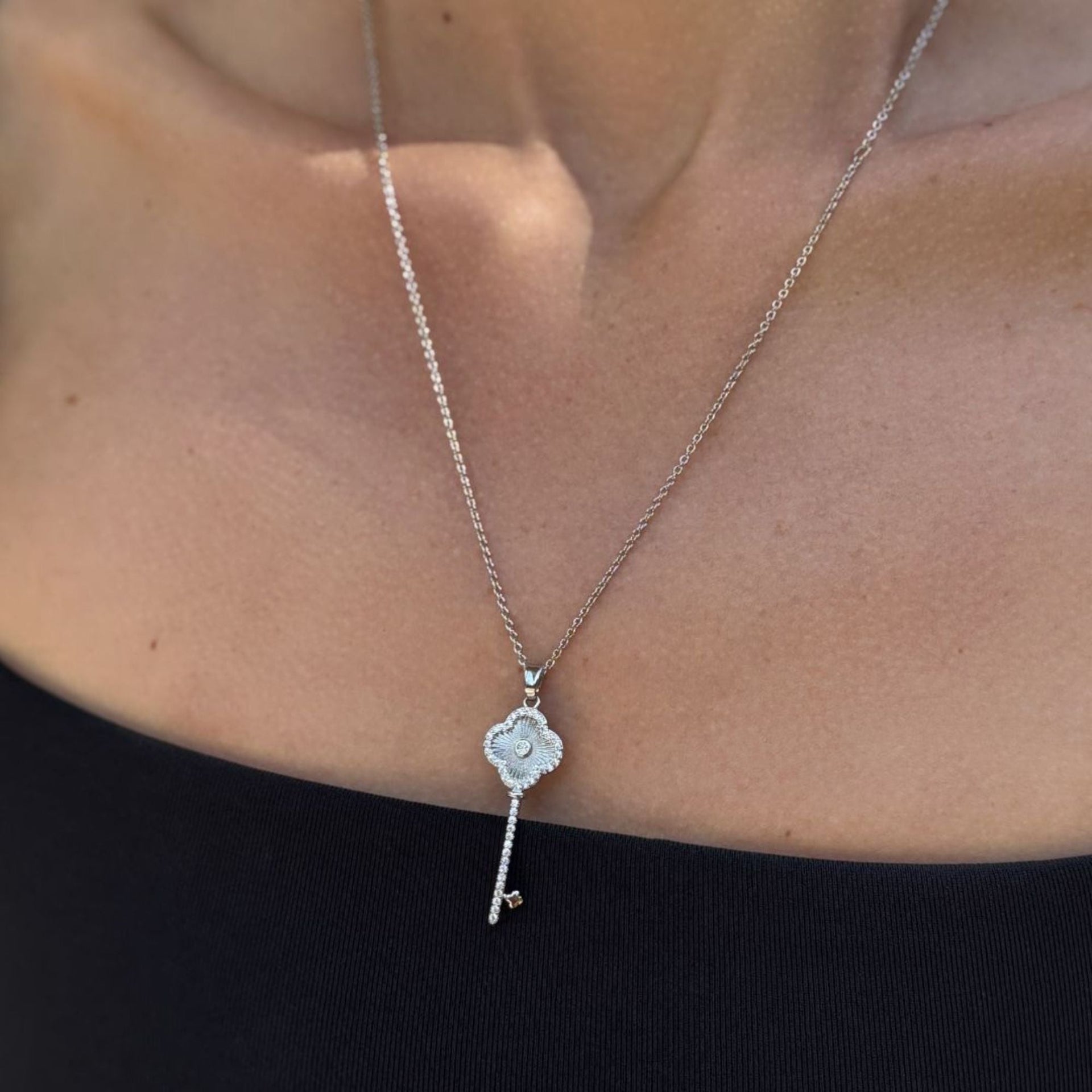 Silver Plated Pave Clover Key Pendant Necklace