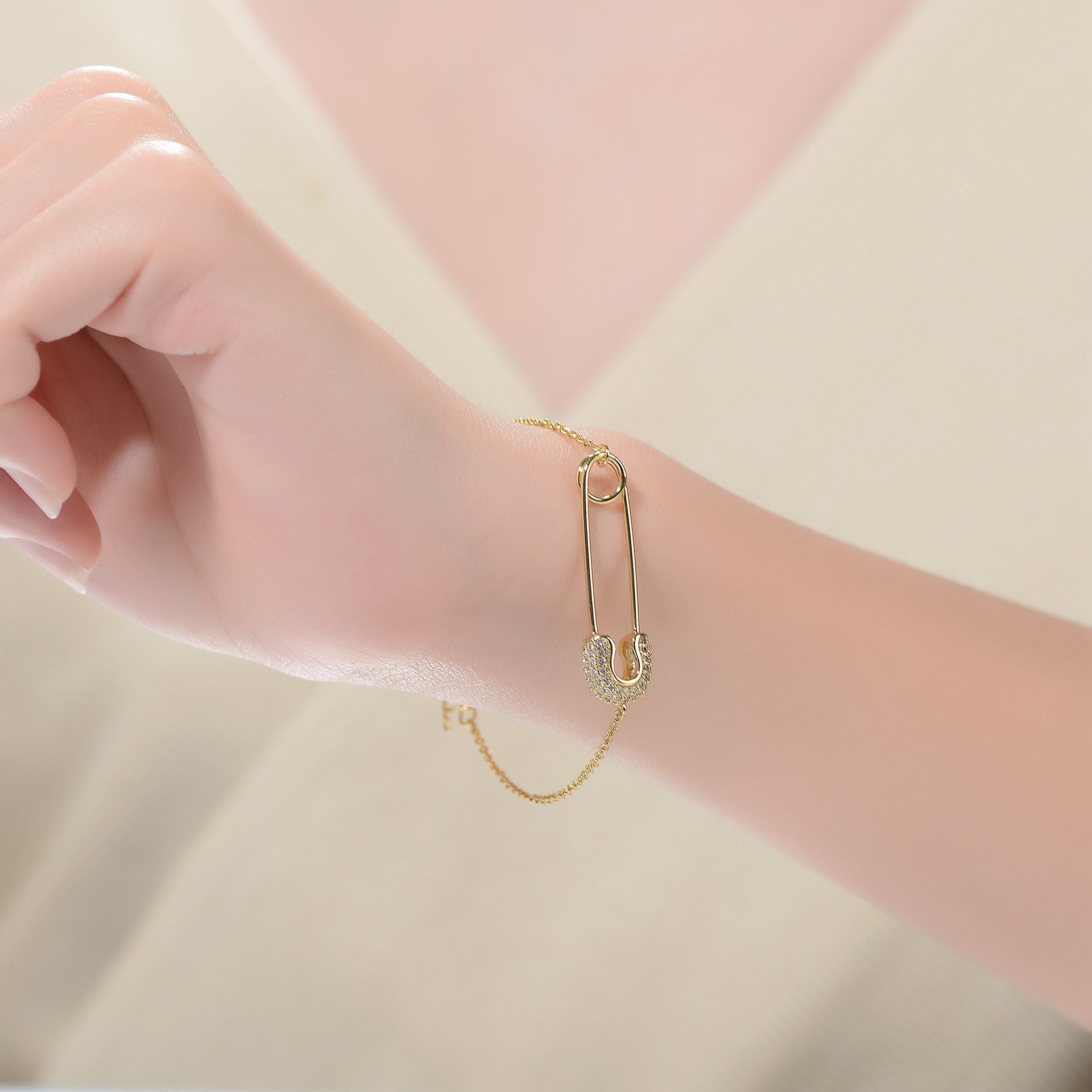 Ga Sterling Silver 14k Gold Plated Clear Cubic Zirconia Pin Adjustable Bracelet