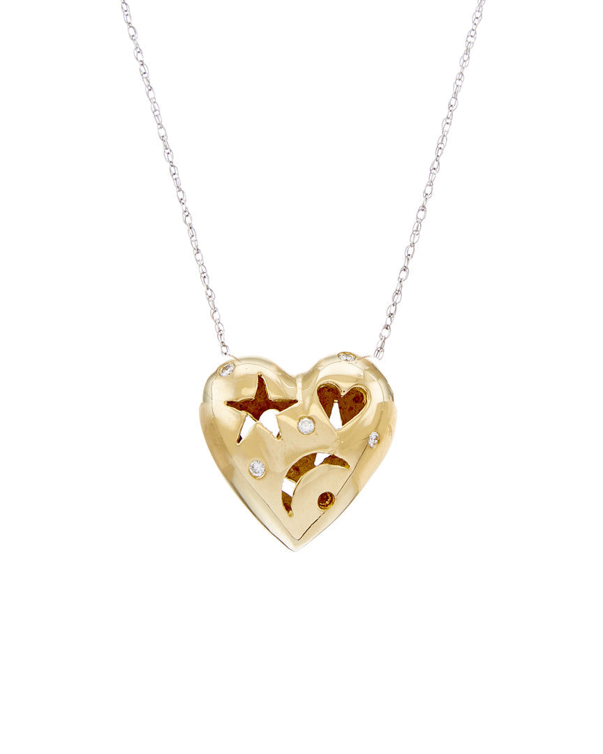 14kt yellow gold heart shaped pendant with star, moon, and heart featuring 0.05 cts of round diamonds