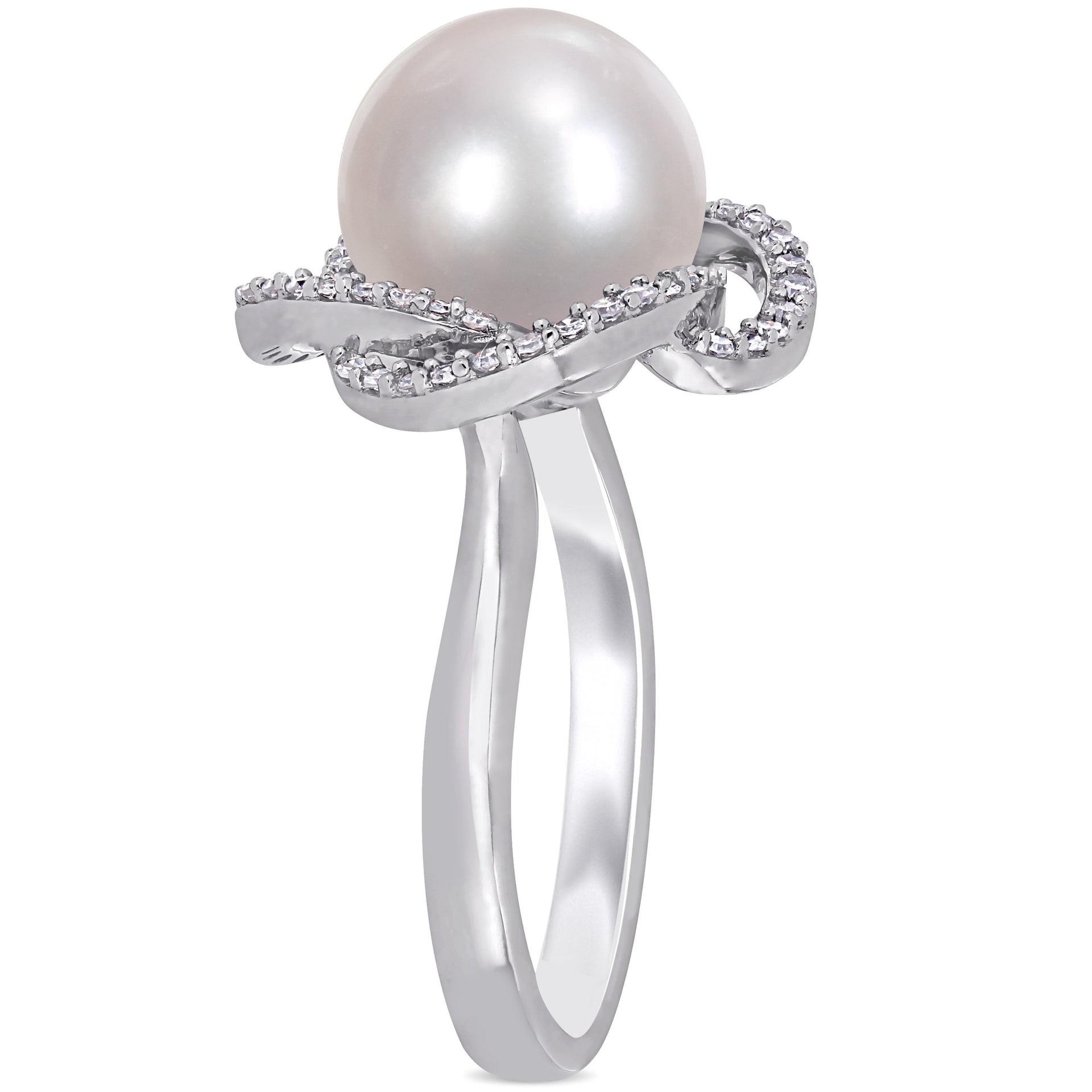 Mimi & Max 10-10.5mm Cultured Freshwater Pearl 1/4ct TW Diamond Swirl Ring 14k White Gold